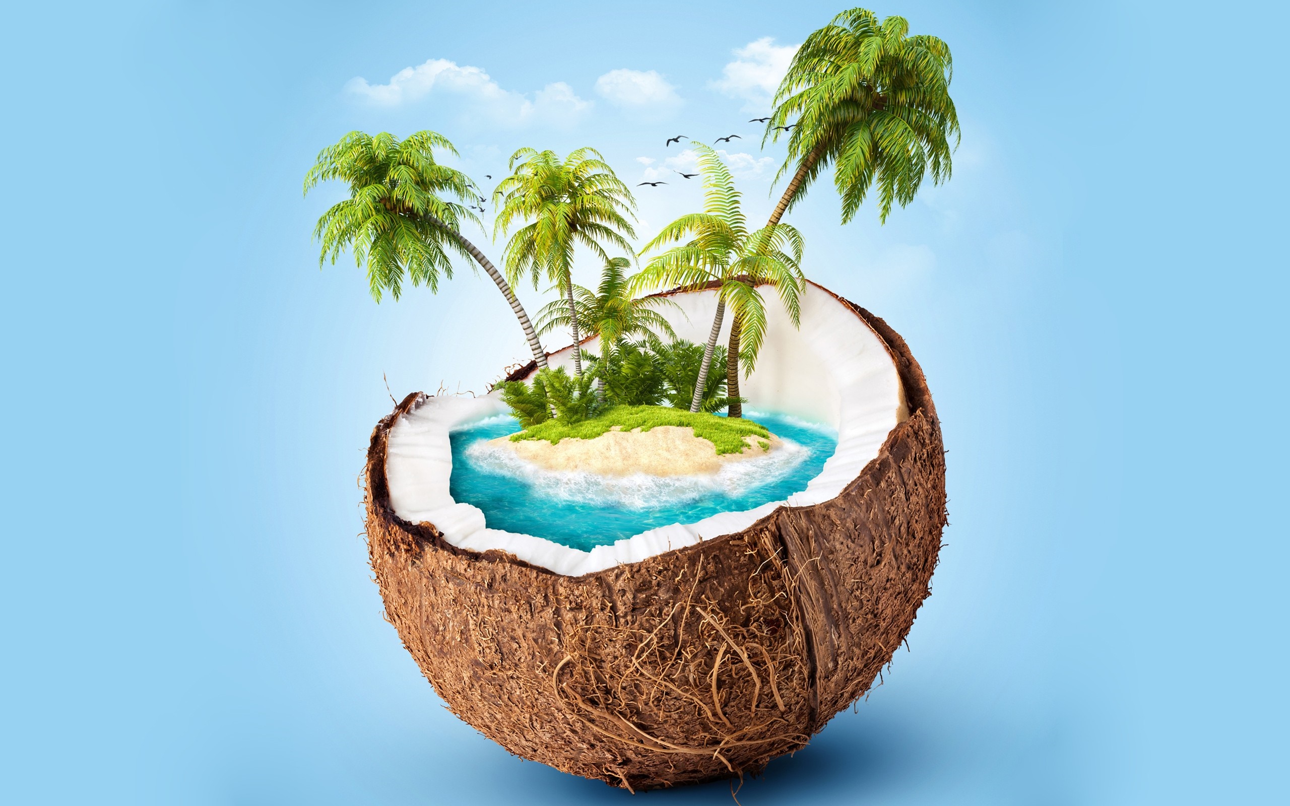 Coconut island with palm trees on blue background HD Wallpaper