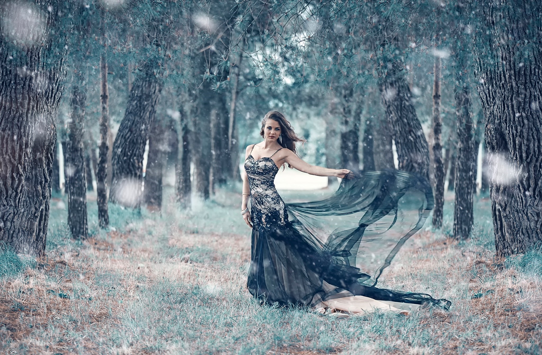 Woman in black dress in a snowy forest HD Wallpaper