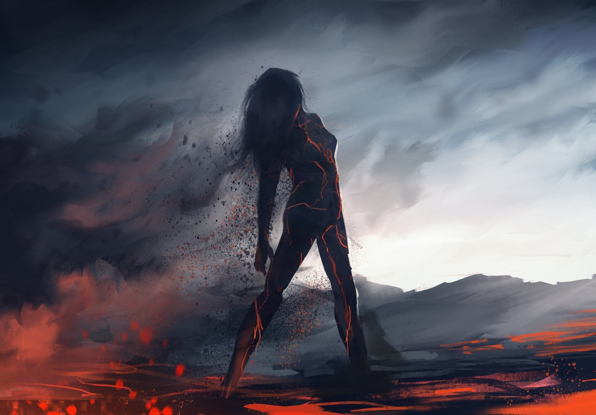 Figure dissolving into ash and embers at sunset HD Wallpaper