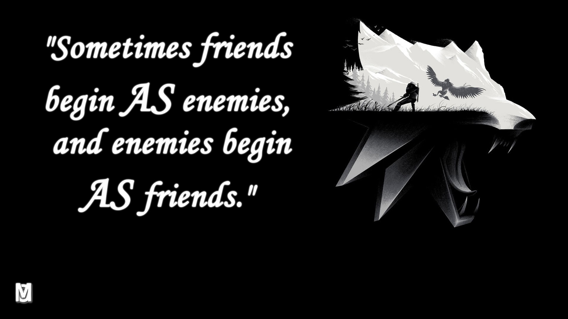 Quote about friends and enemies with Witcher logo HD Wallpaper