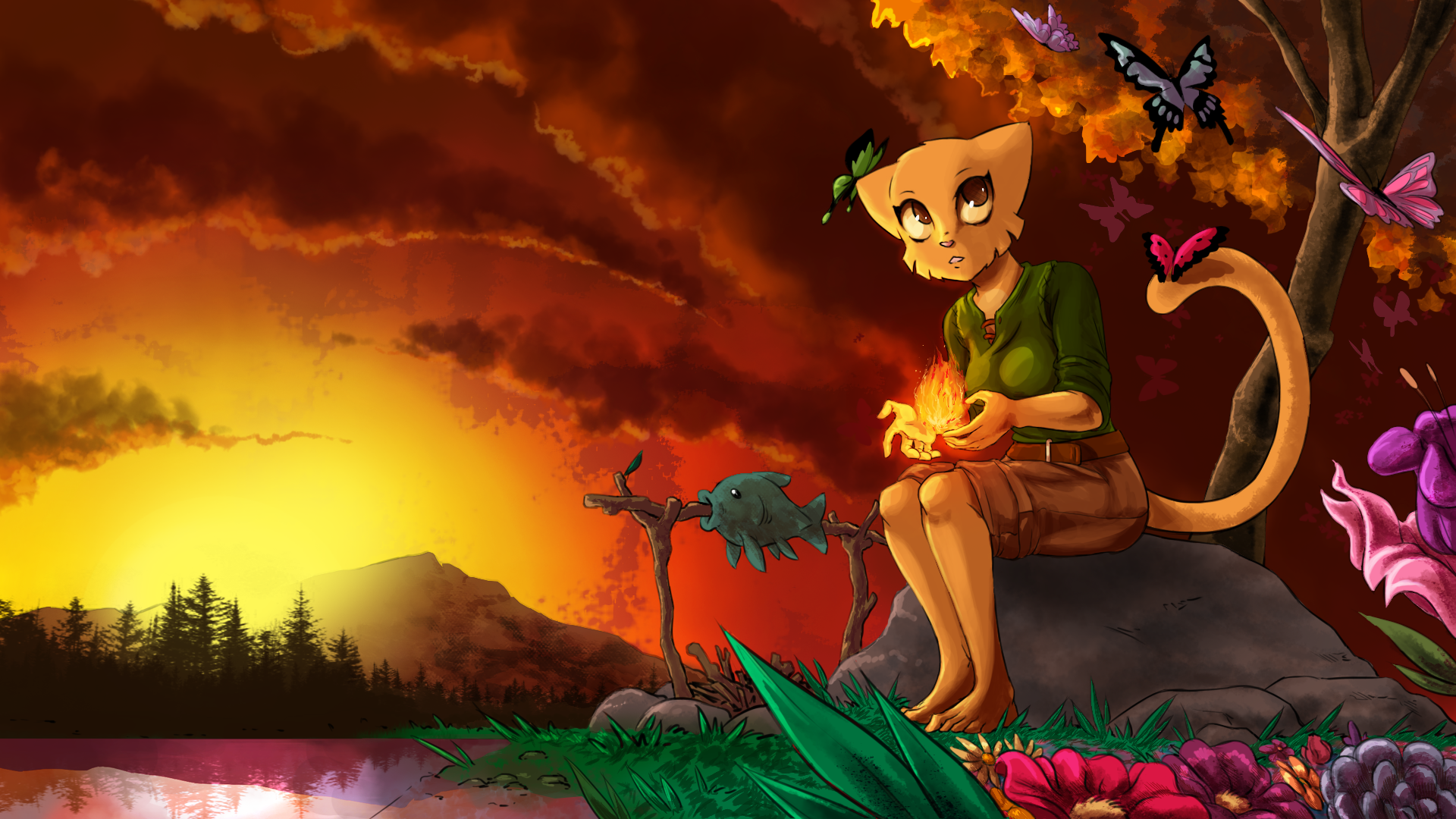 Anthro cat cooking fish at sunset HD Wallpaper