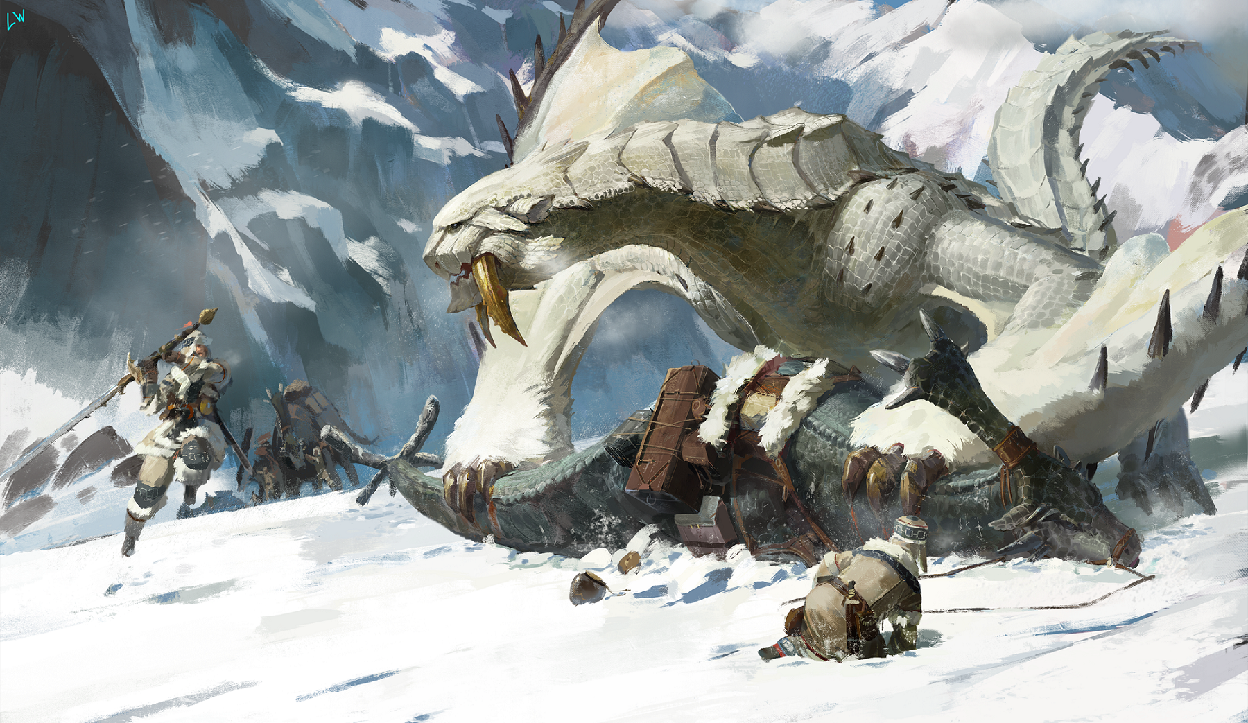 Monster Hunter: Dragon battle in snowy mountains HD Wallpaper