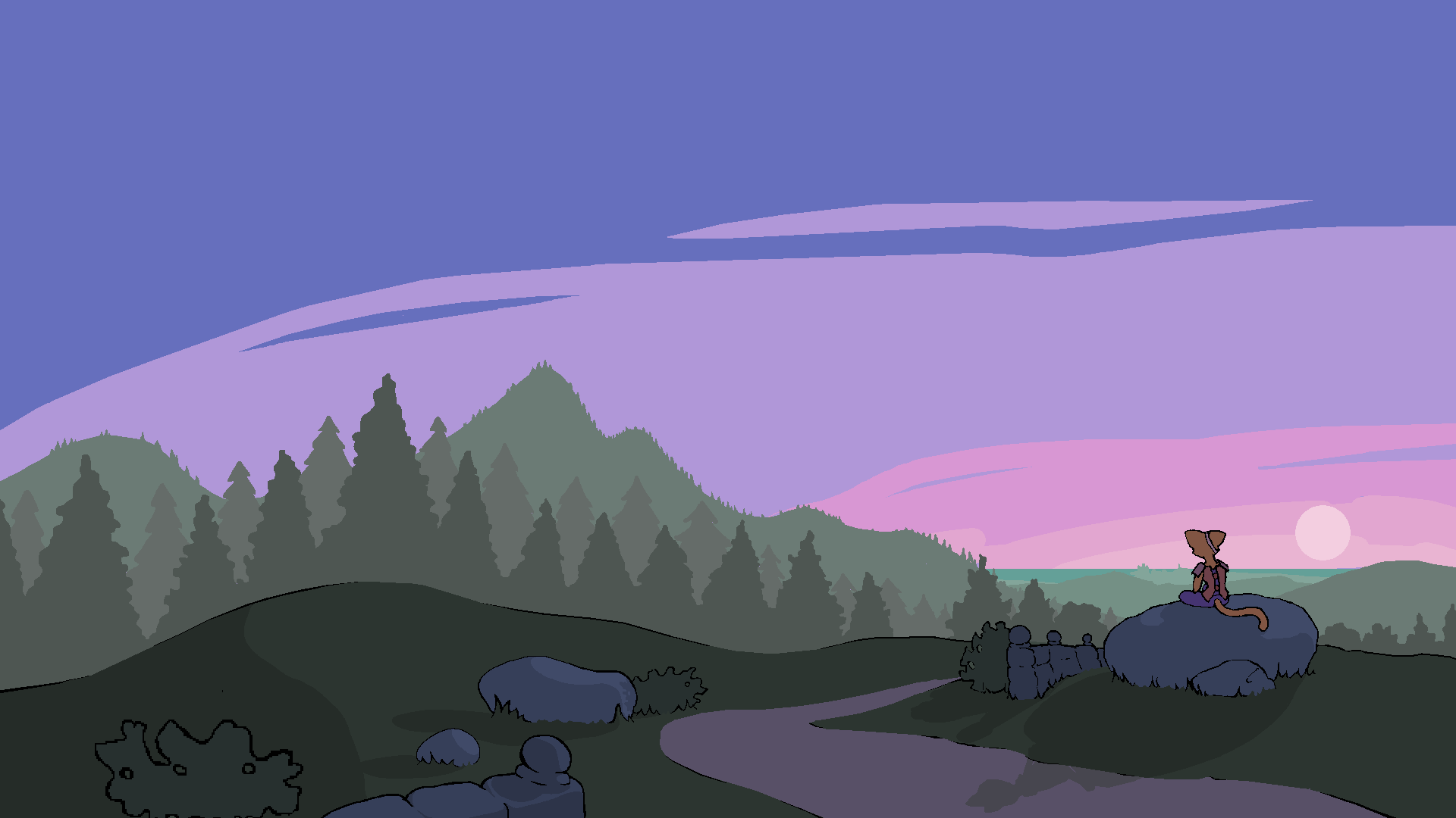 Furry character sitting on a rock overlooking a landscape at sunset HD Wallpaper