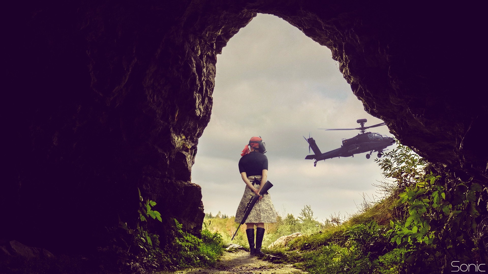 Woman with rifle and helicopter HD Wallpaper