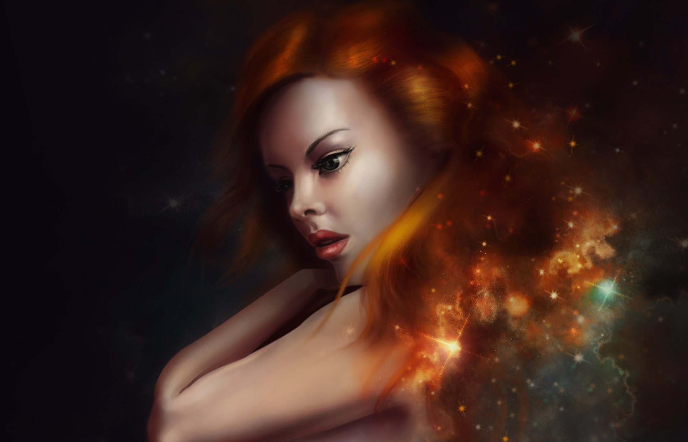Fantasy art of a woman with red hair and stars HD Wallpaper