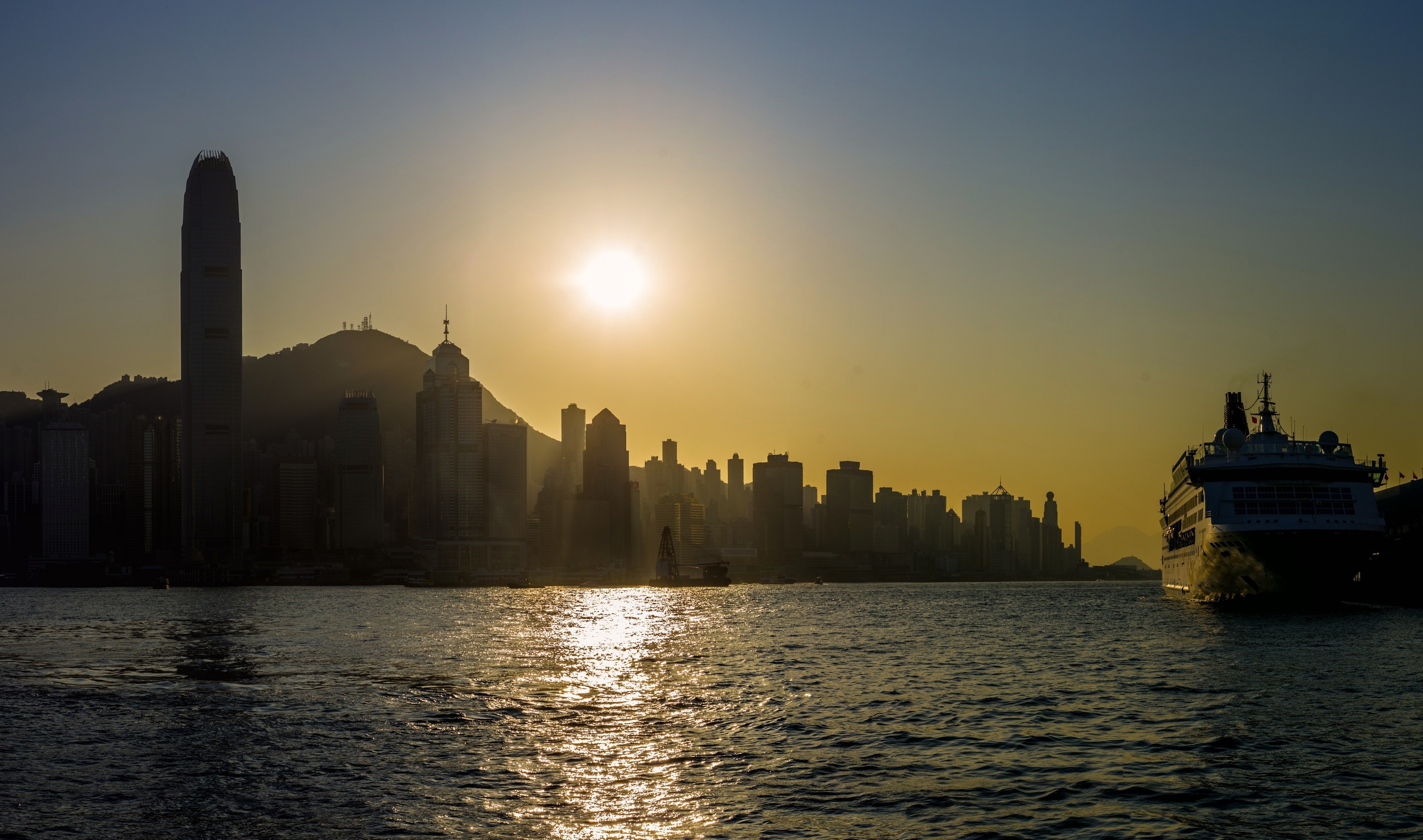 Hong Kong Skyline at Sunset with Cruise Ship HD Wallpaper