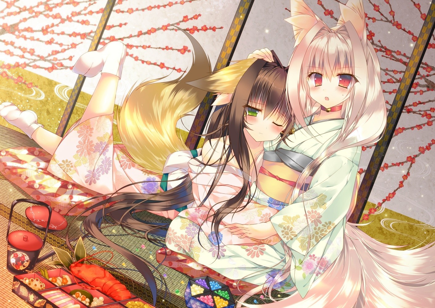 Two anime fox girls in kimonos sharing a moment HD Wallpaper