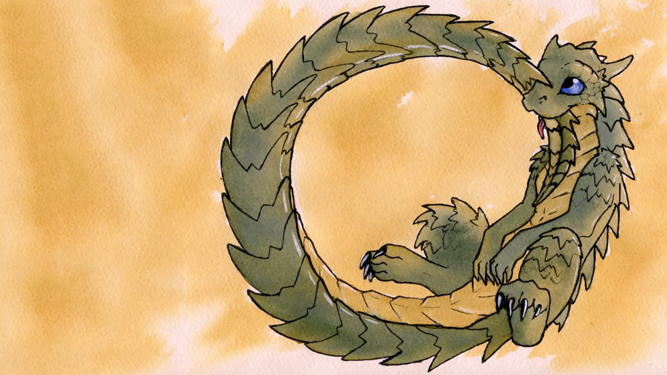 Dragon curled in a circle on a watercolor background HD Wallpaper