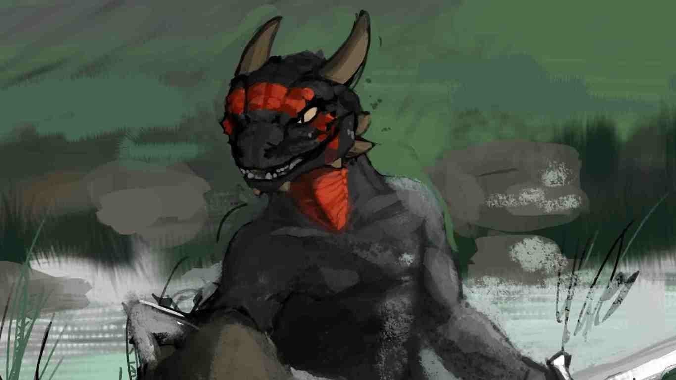 Dragon character with red markings in a natural setting HD Wallpaper