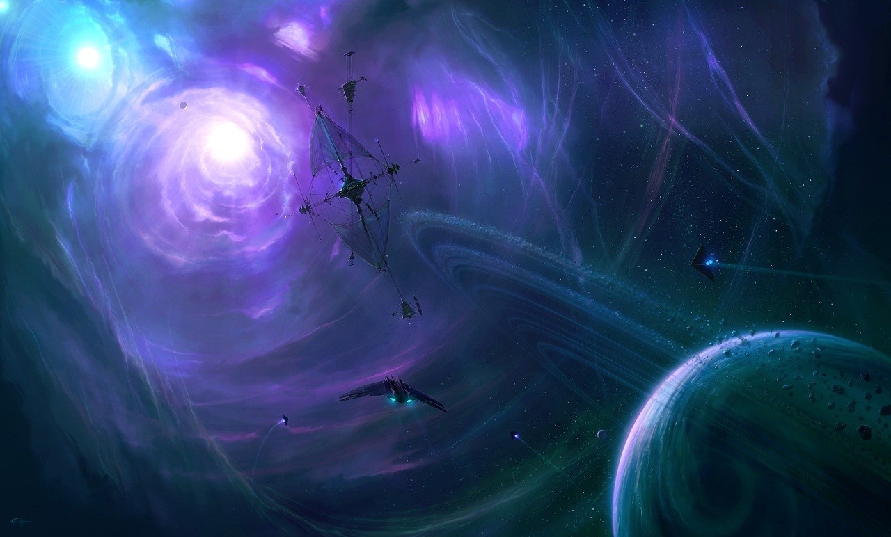 Spaceships in a colorful nebula with a planet HD Wallpaper