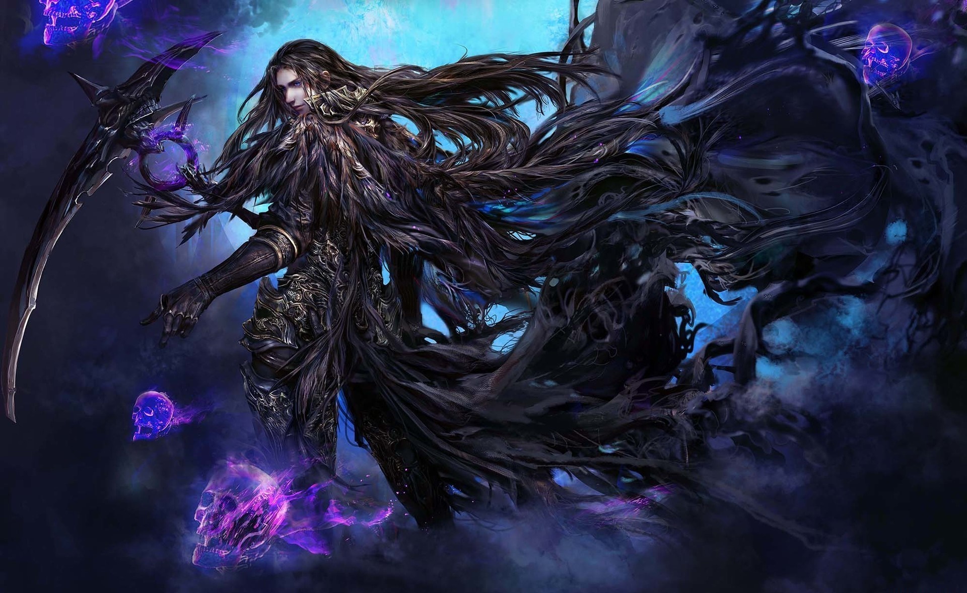 Dark fantasy character with scythe and purple skulls HD Wallpaper