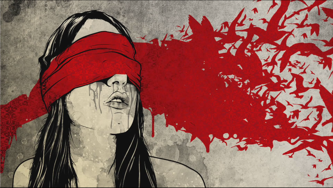 Illustration of a blindfolded woman with red birds HD Wallpaper