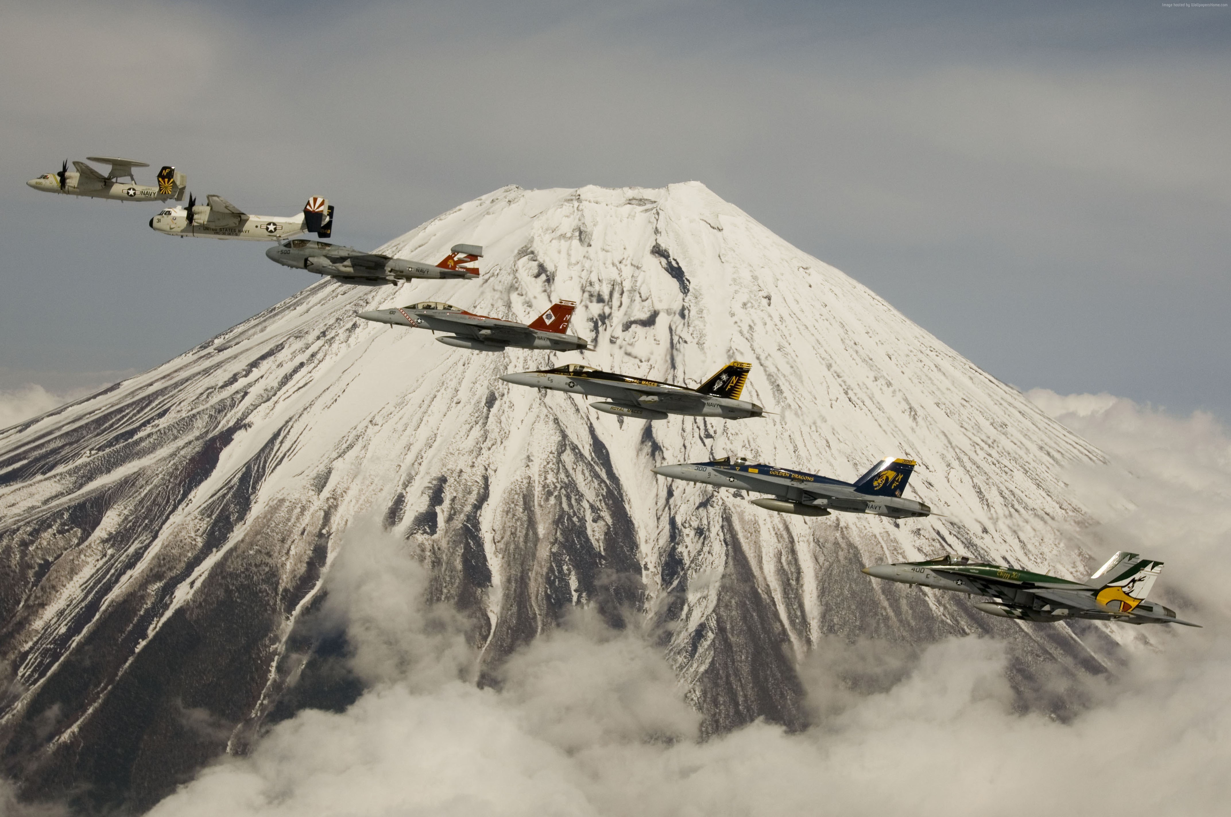 Fighter Aircraft Formation Over Mount Fuji HD Wallpaper