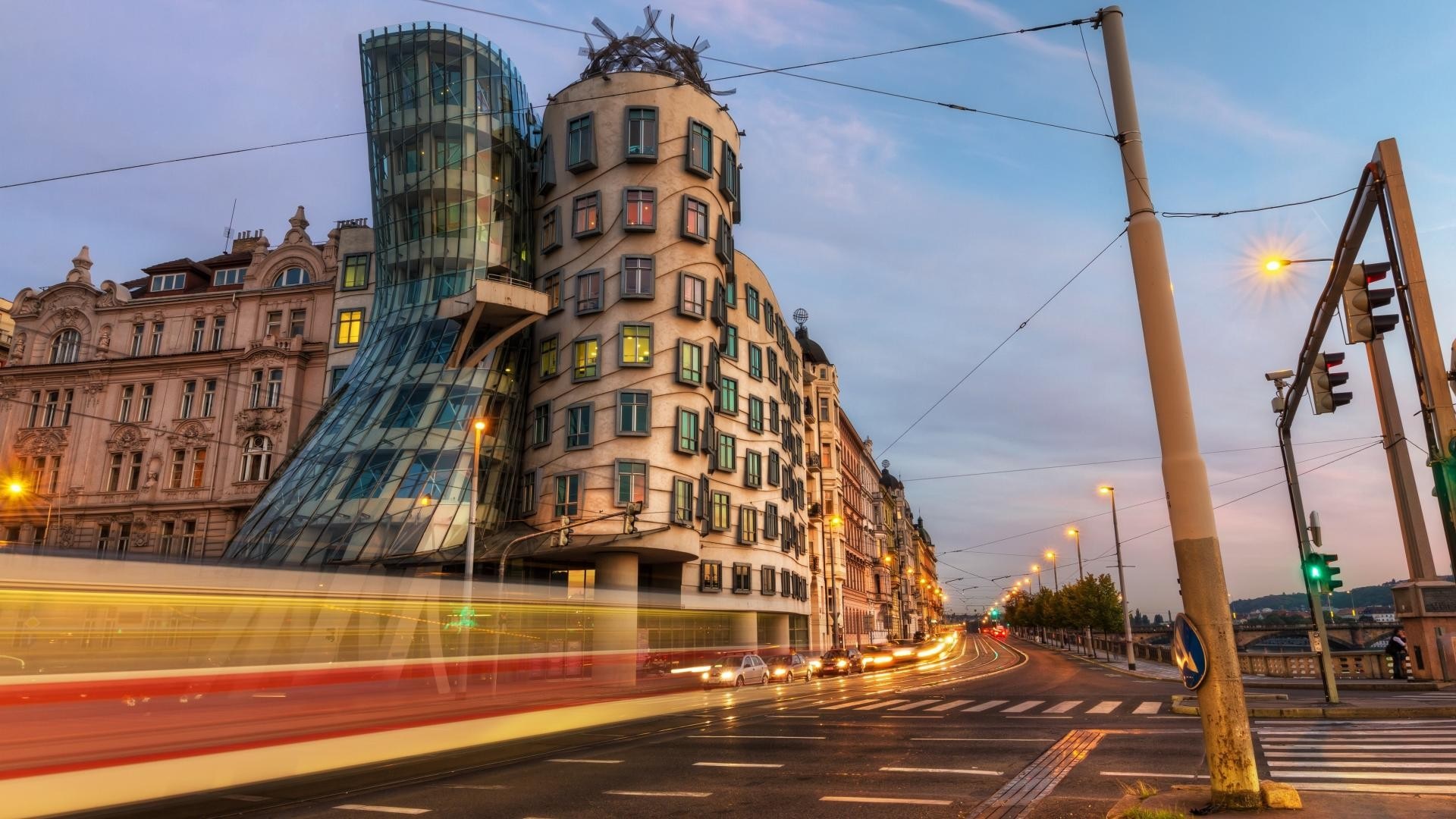 Dancing House building in Prague at dusk with light trails HD Wallpaper
