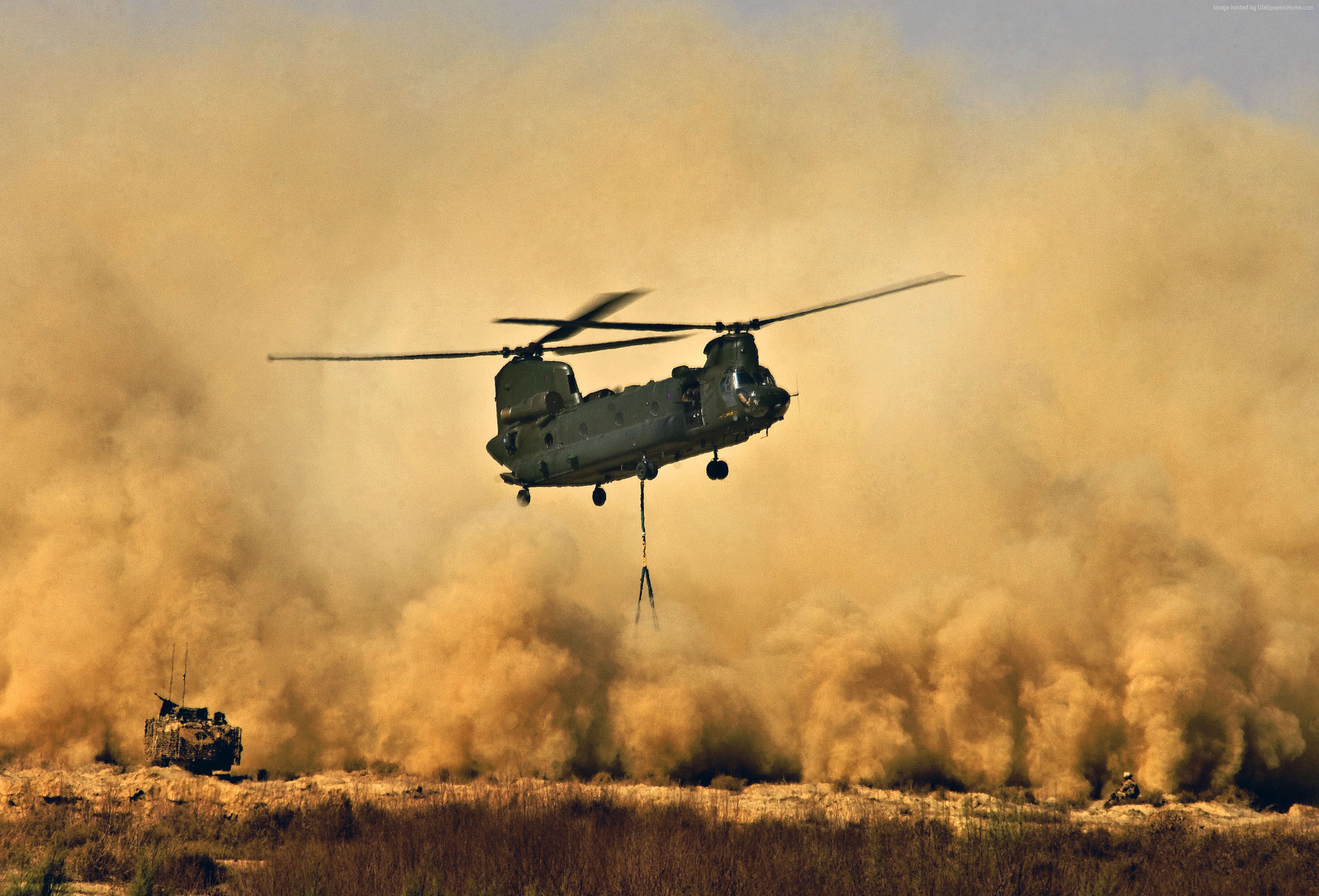 Boeing CH-47 Chinook helicopter in dusty conditions HD Wallpaper