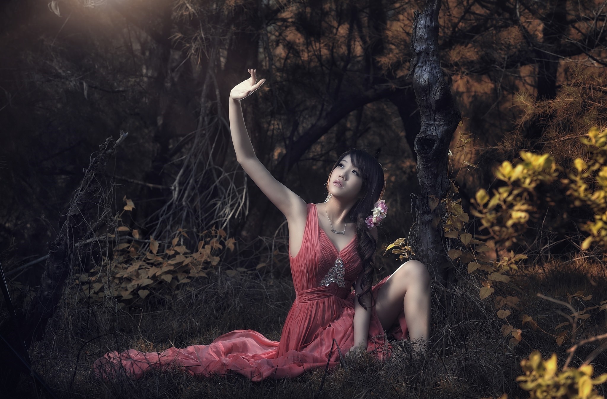 Woman in Red Dress Reaching for Sunlight in Forest HD Wallpaper