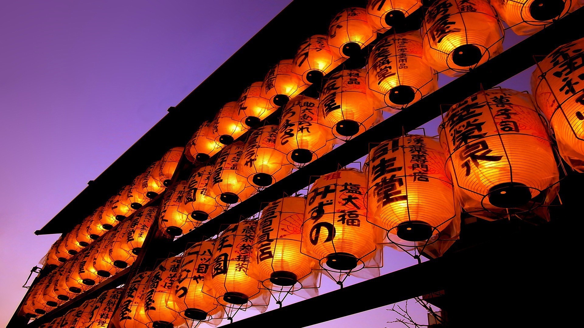 Rows of Japanese lanterns illuminated at dusk HD Wallpaper