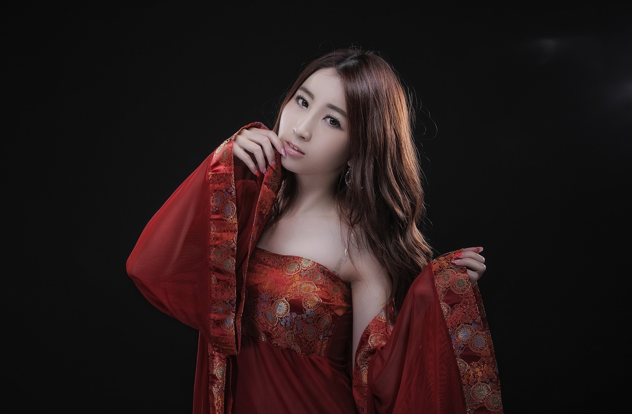 Asian woman in red traditional dress HD Wallpaper