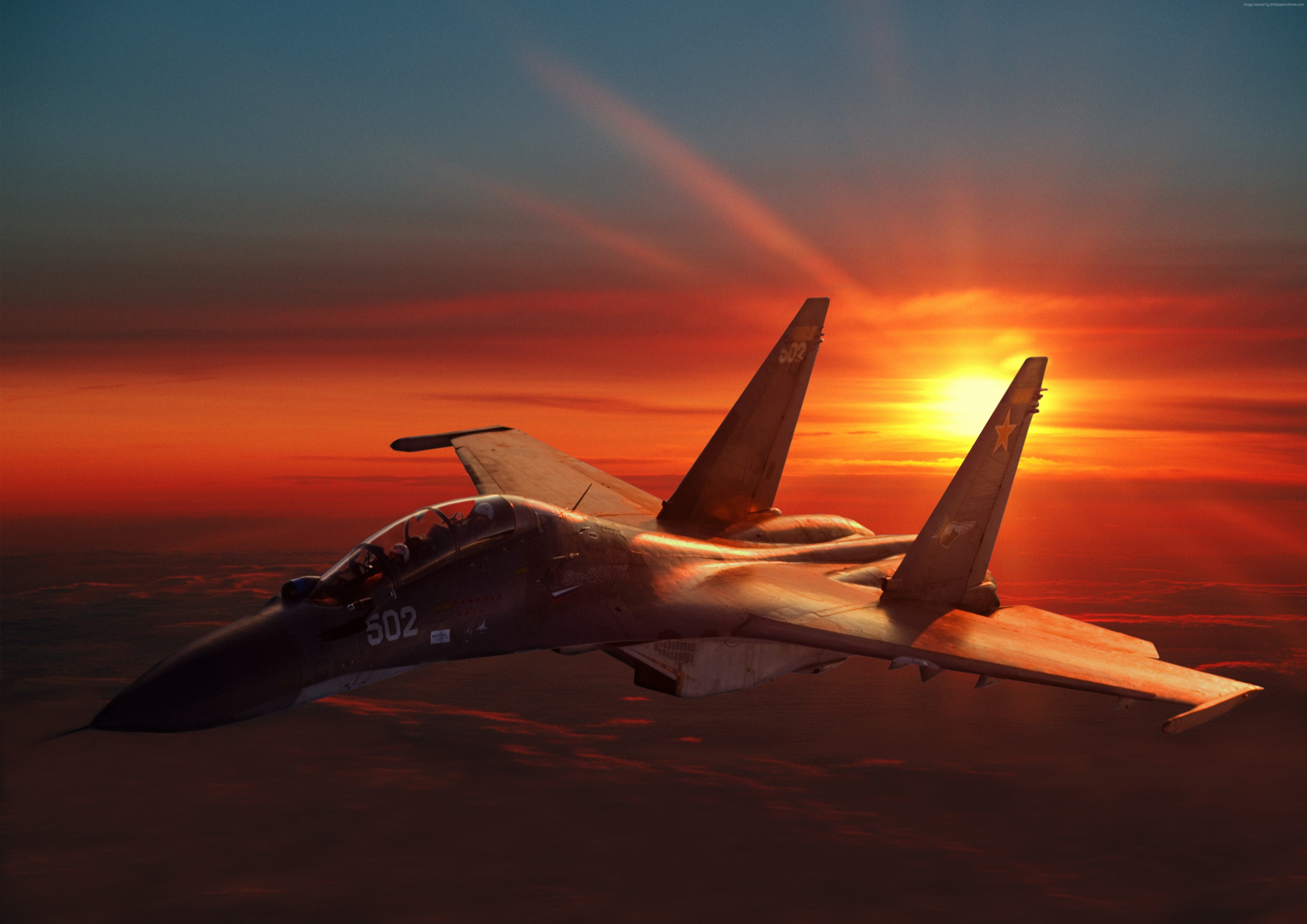 Sukhoi Su-30 fighter jet flying at sunset HD Wallpaper