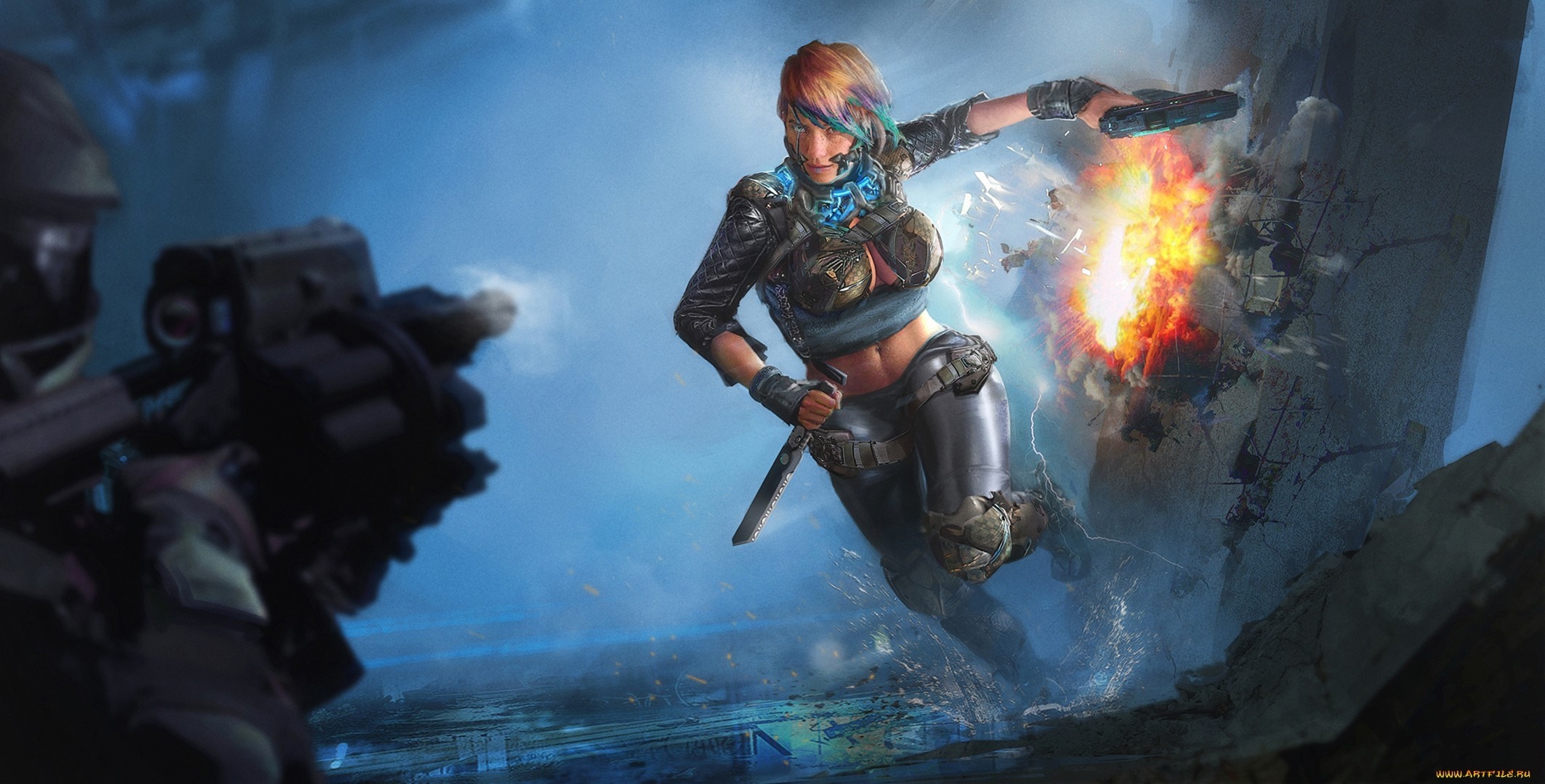 Woman with guns in futuristic combat HD Wallpaper