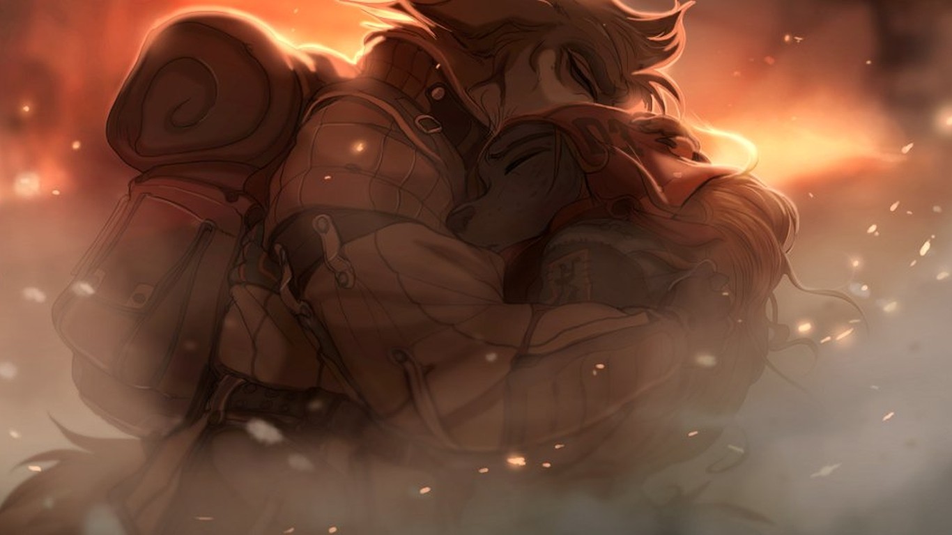 Anime furry characters embracing in a fiery background HD Wallpaper