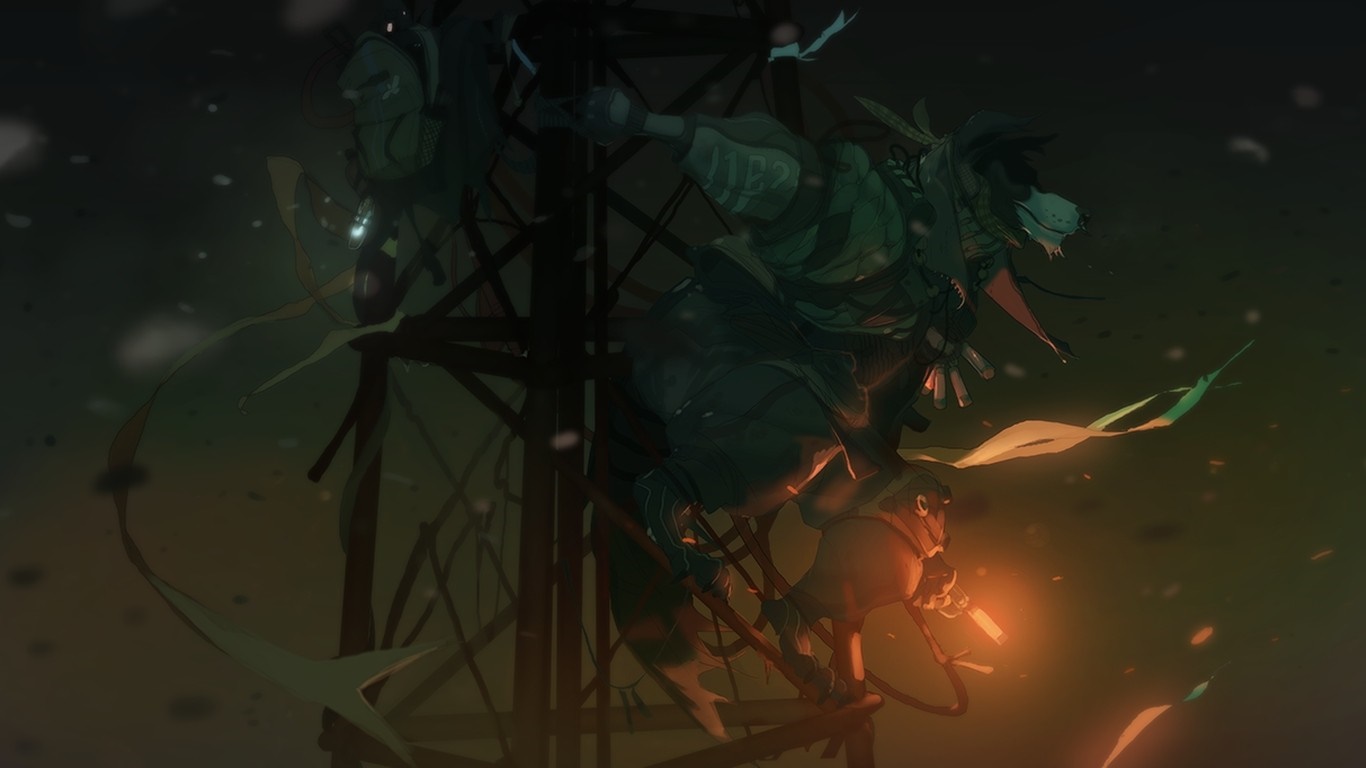 Anthro character climbing a tower at night HD Wallpaper