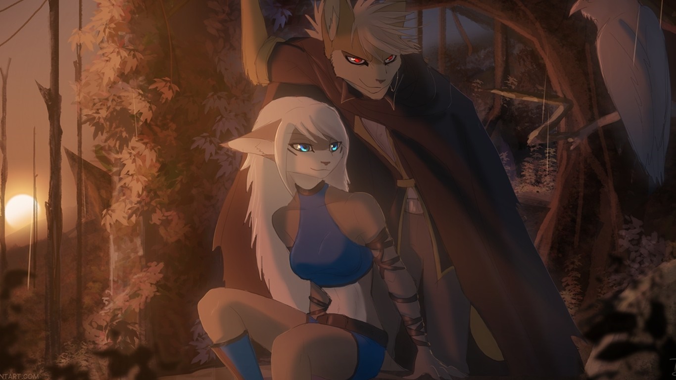 Anthro characters in a forest at sunset HD Wallpaper