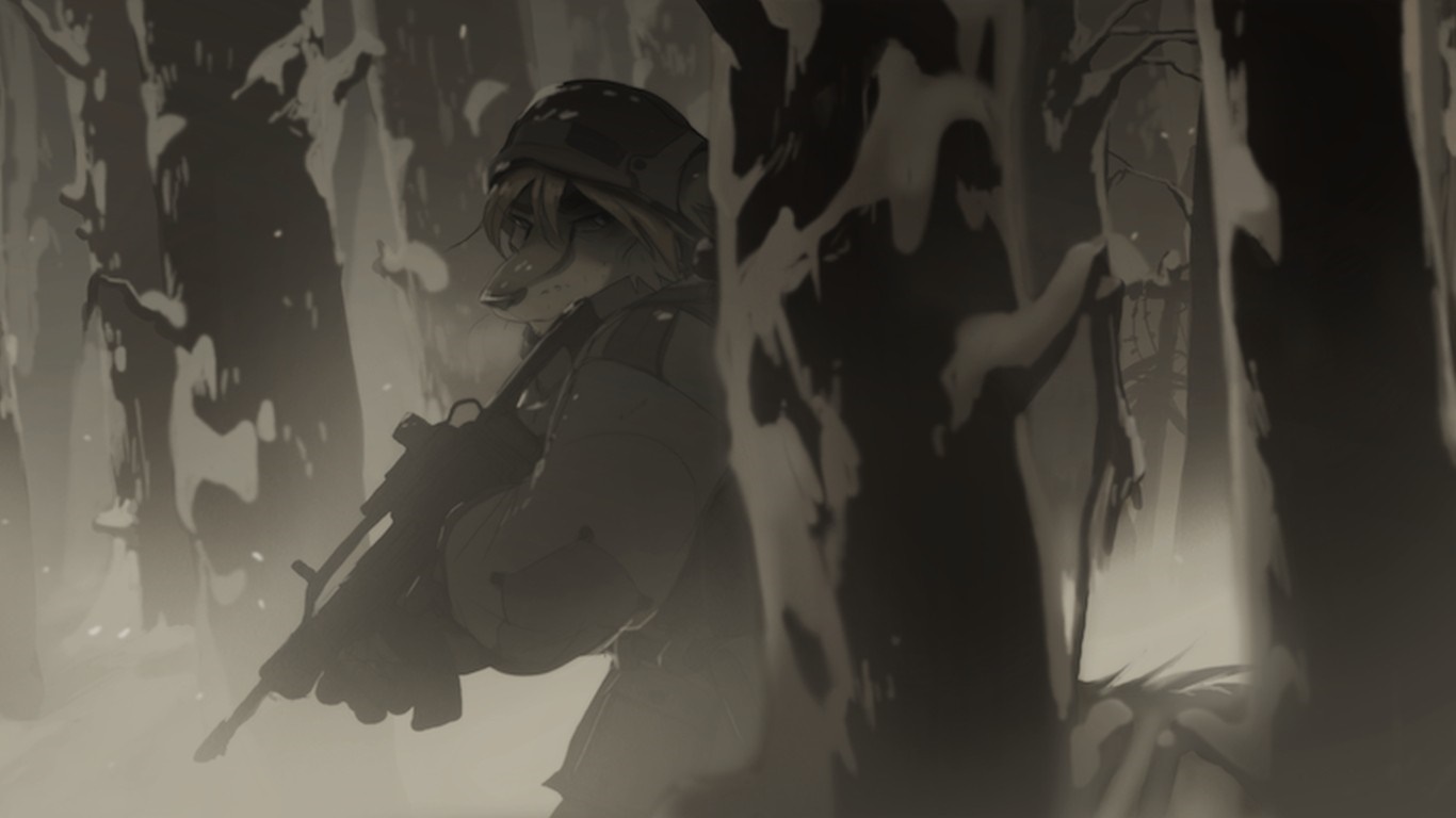Furry soldier with rifle in snowy forest HD Wallpaper