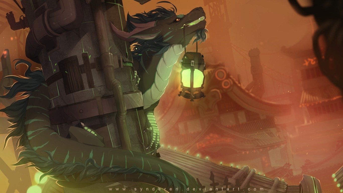 Dragon holding a lantern in a steampunk city HD Wallpaper