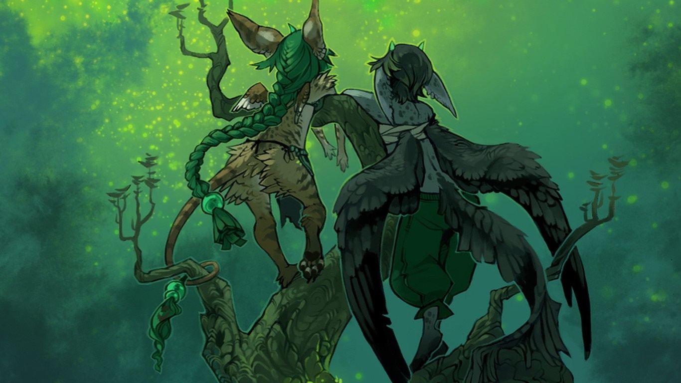 Two anthropomorphic creatures in a mystical forest HD Wallpaper