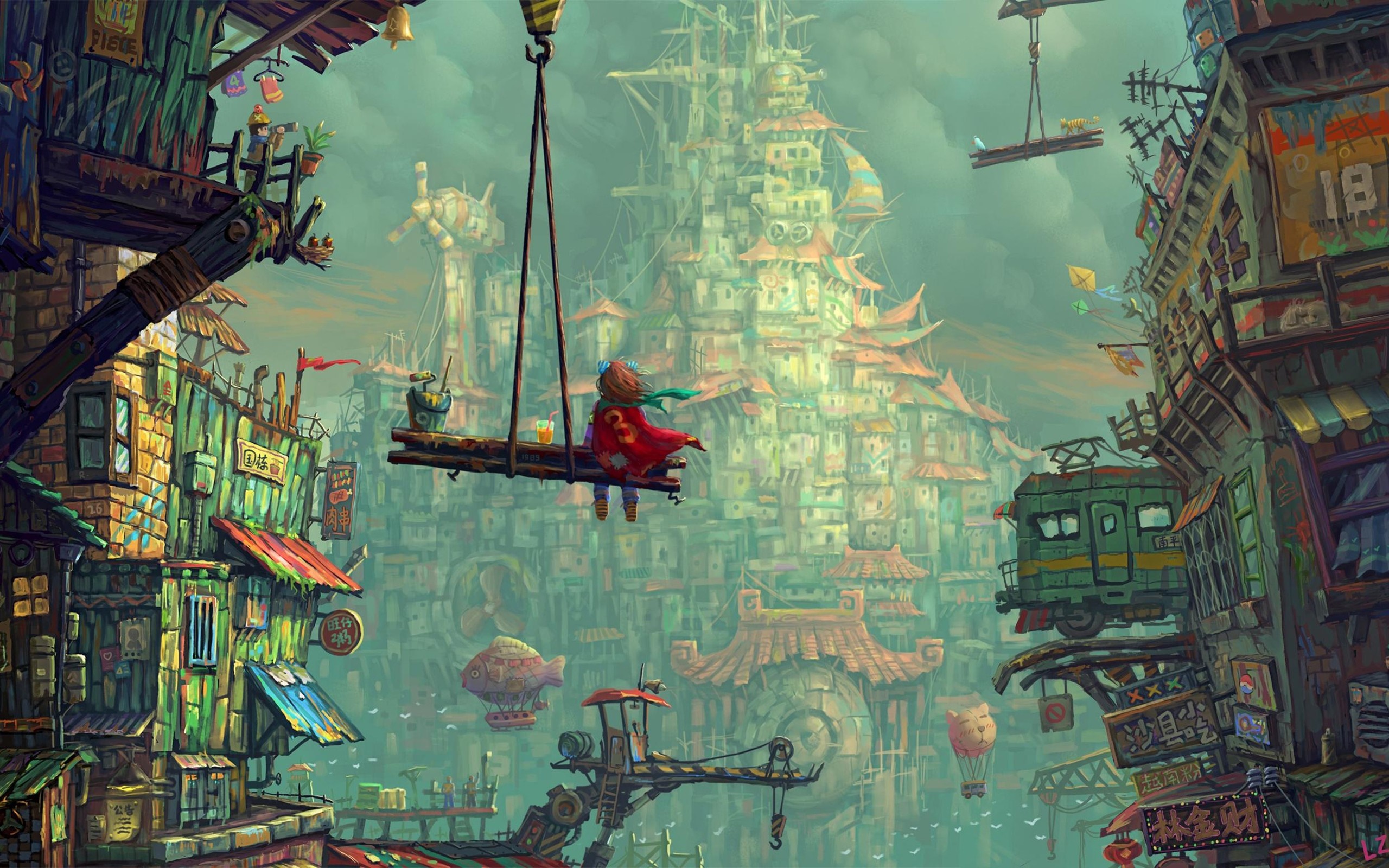 Fantasy city with a girl on a swing HD Wallpaper