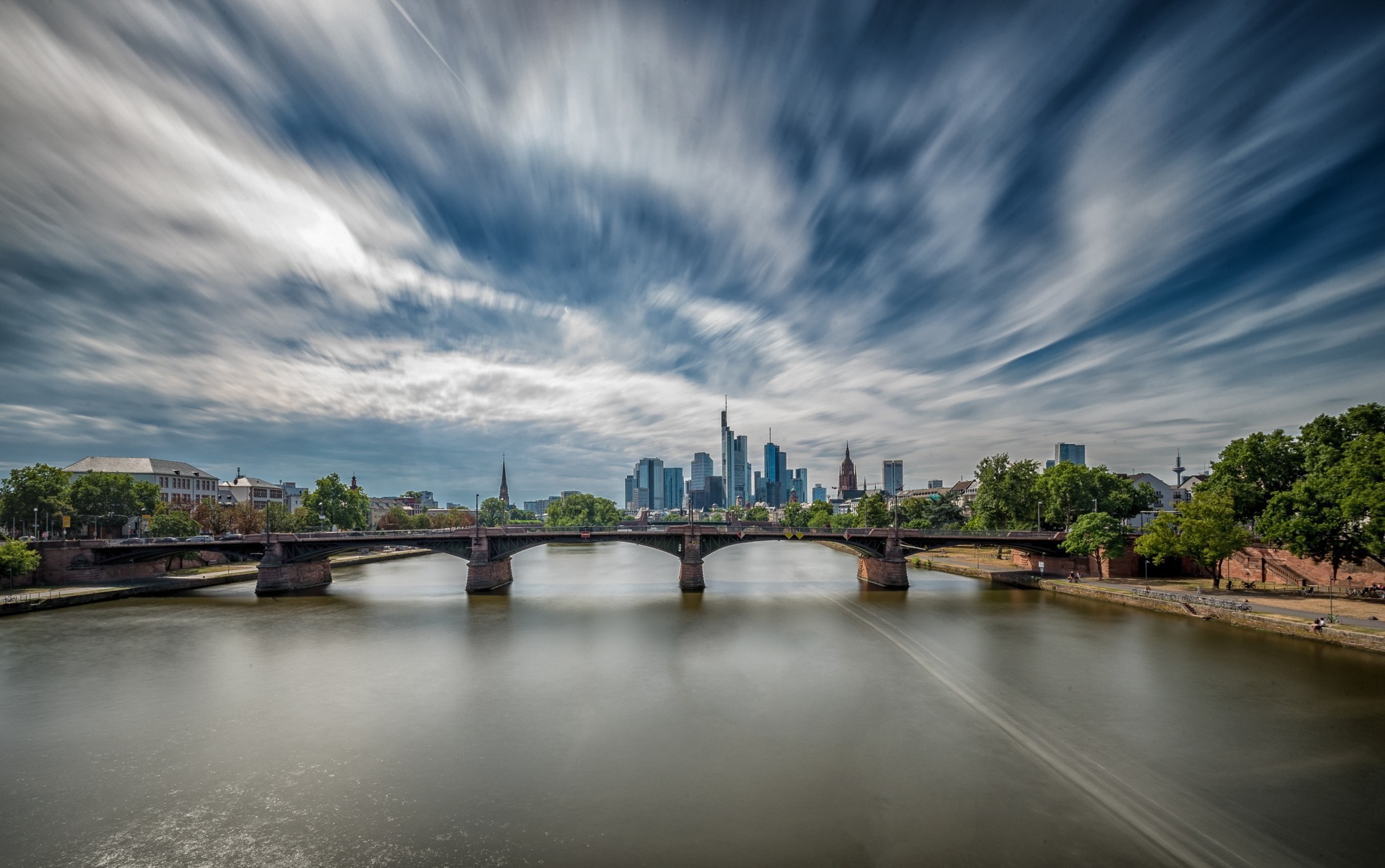 Frankfurt skyline over the Main river with a bridge HD Wallpaper