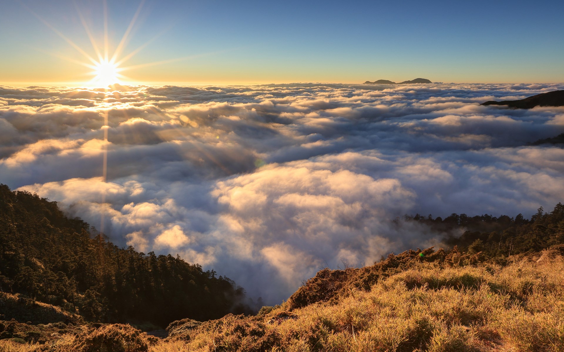 Sunrise over a sea of clouds from a mountain peak HD Wallpaper