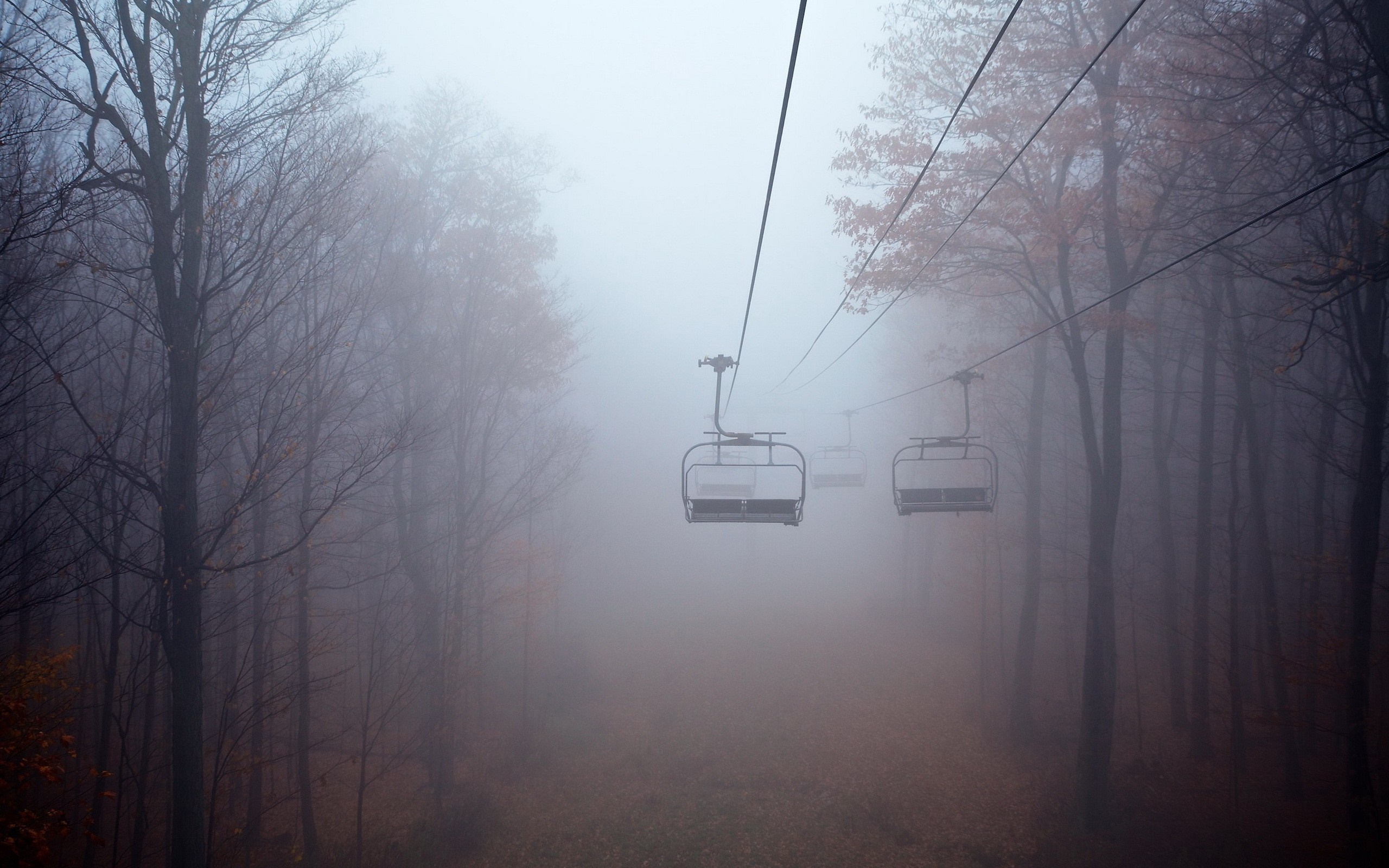 Ski lift chairs in foggy forest HD Wallpaper