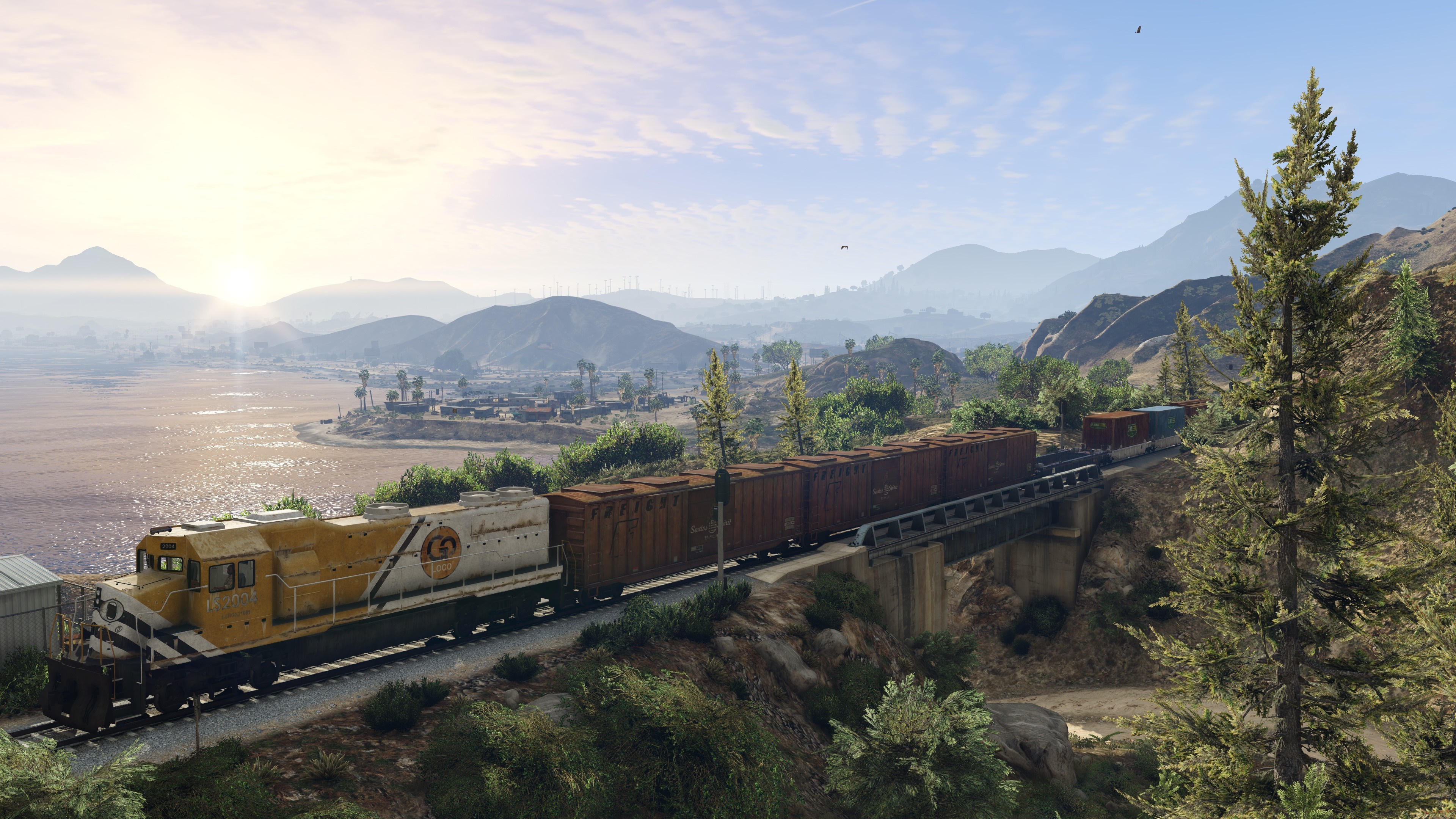 Train crossing a bridge in Grand Theft Auto V HD Wallpaper