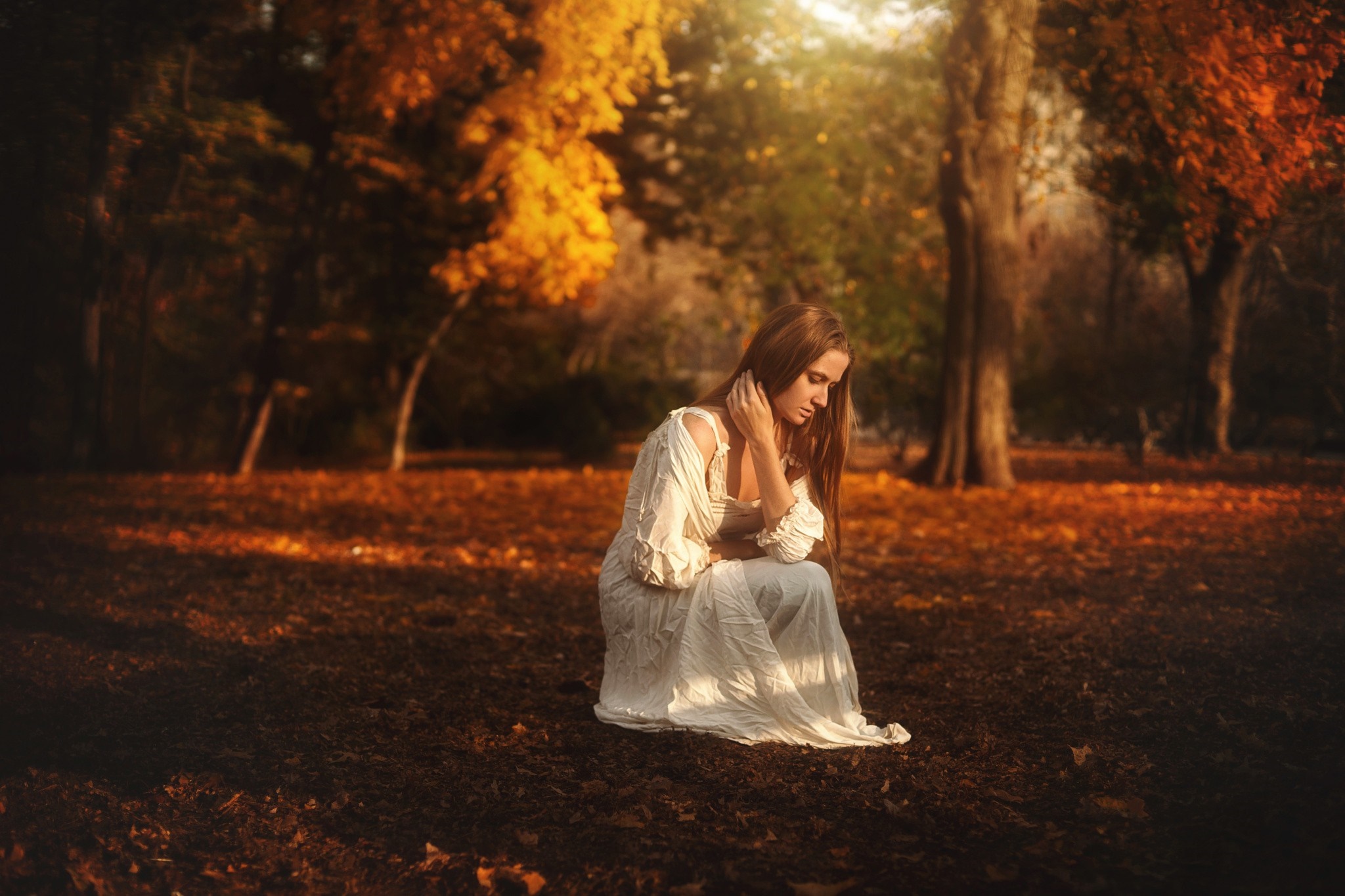 Woman in white dress in autumn park HD Wallpaper