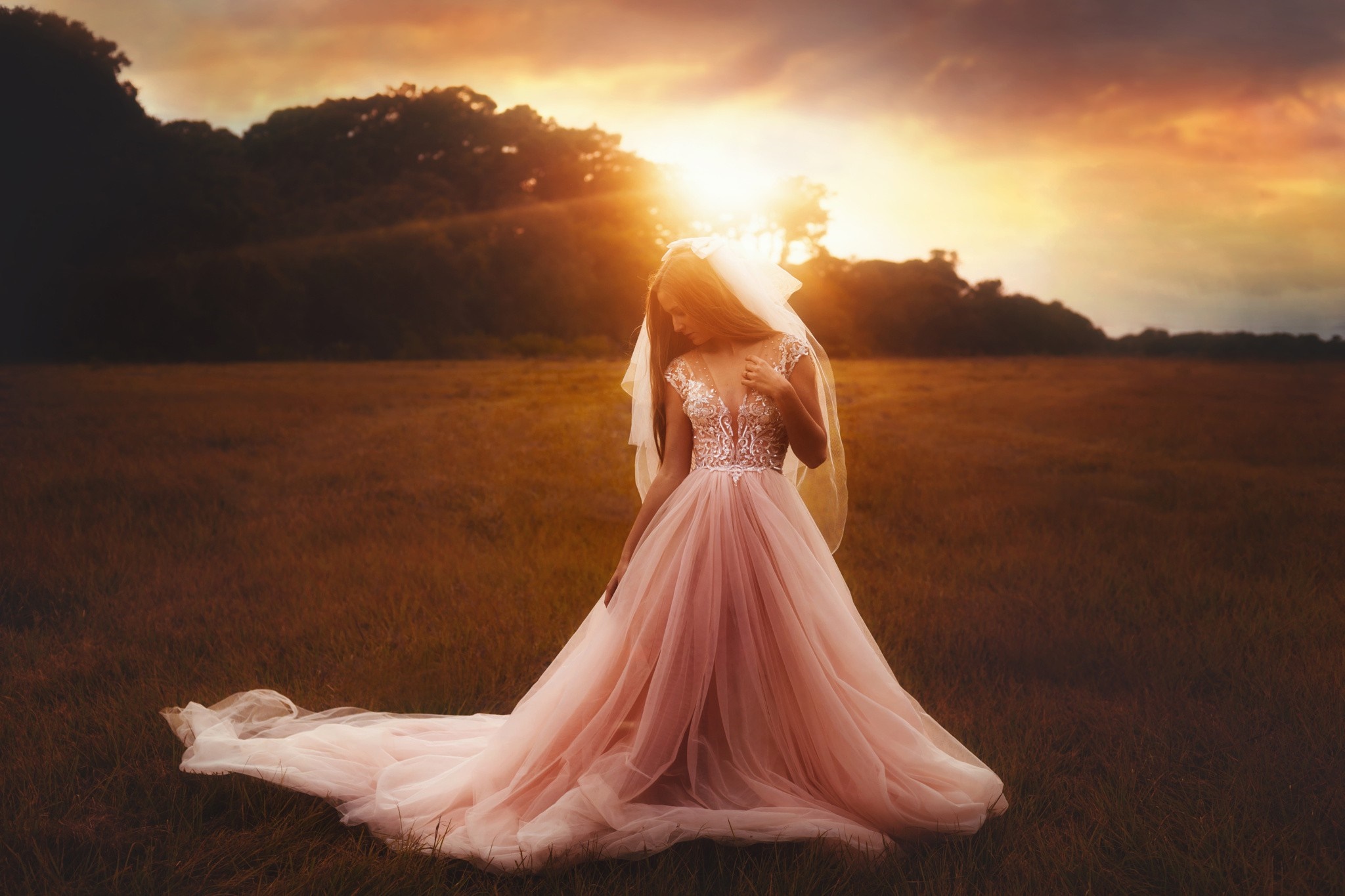 Bride in a pink dress at sunset HD Wallpaper
