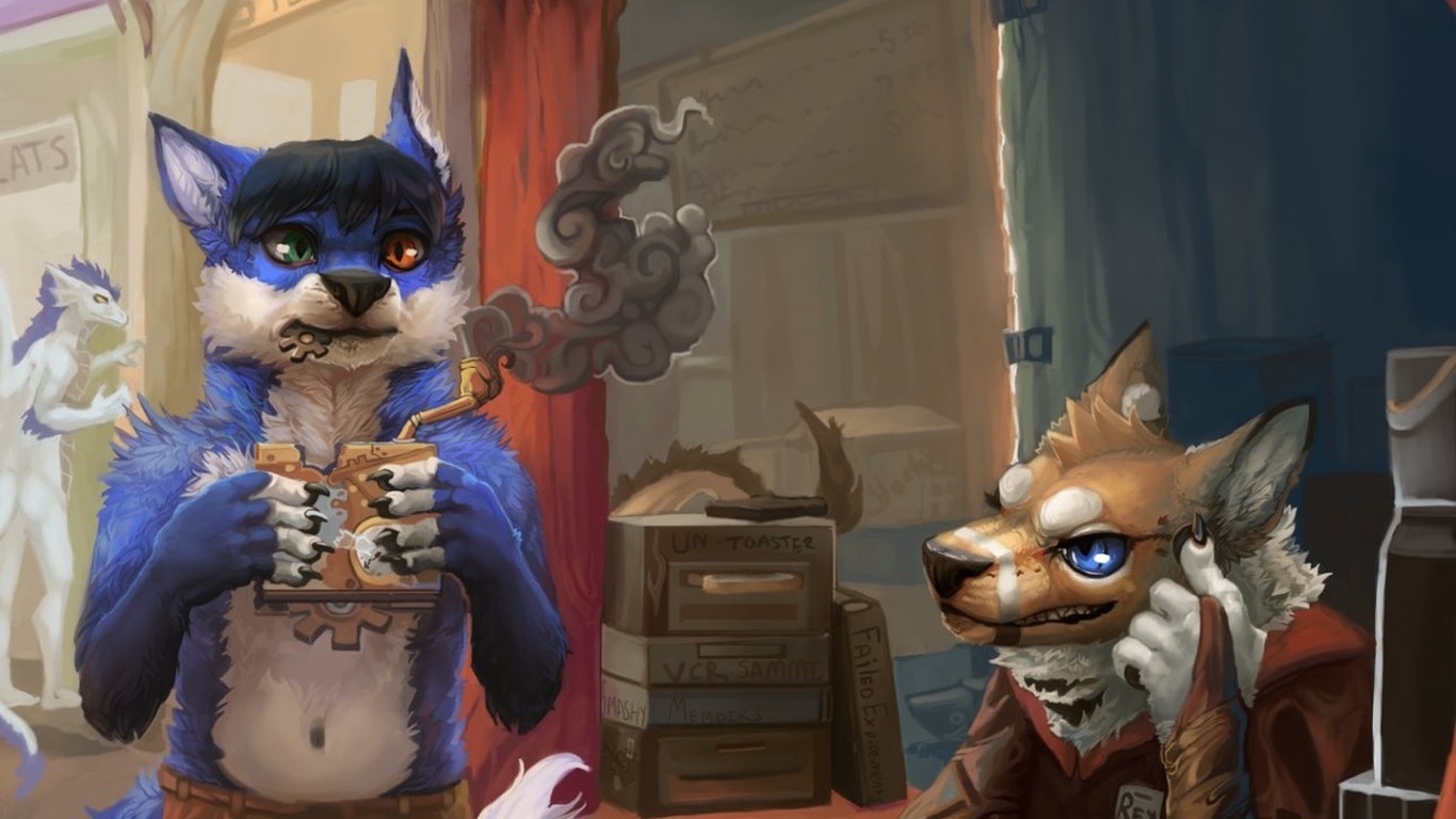 Blue and orange furries in a steampunk setting HD Wallpaper