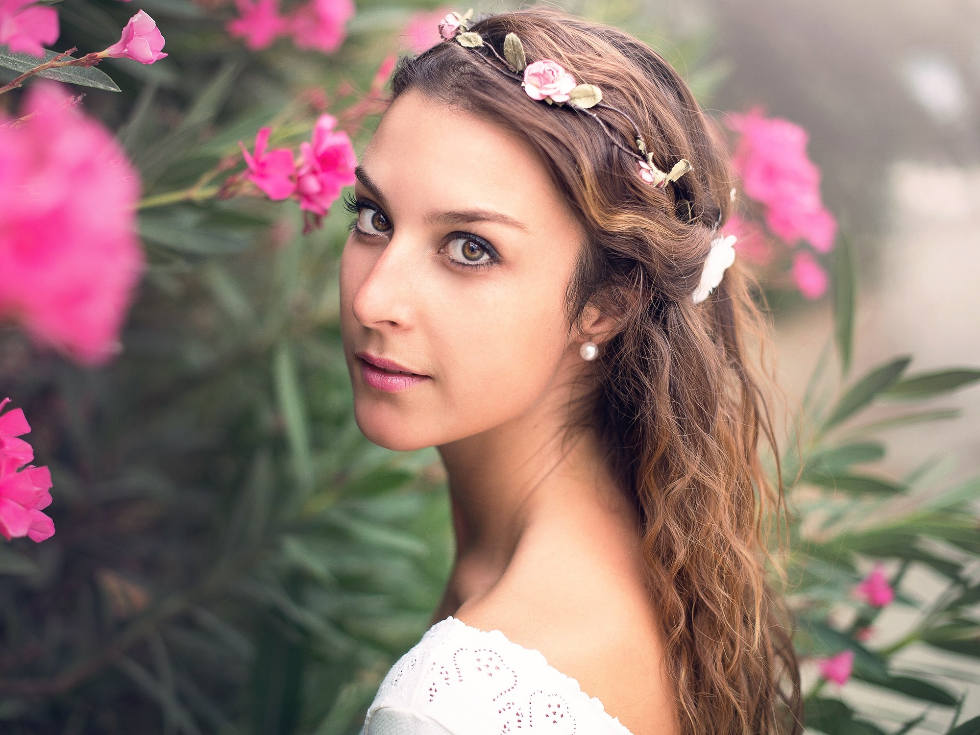Woman with flower crown and pearl earring HD Wallpaper