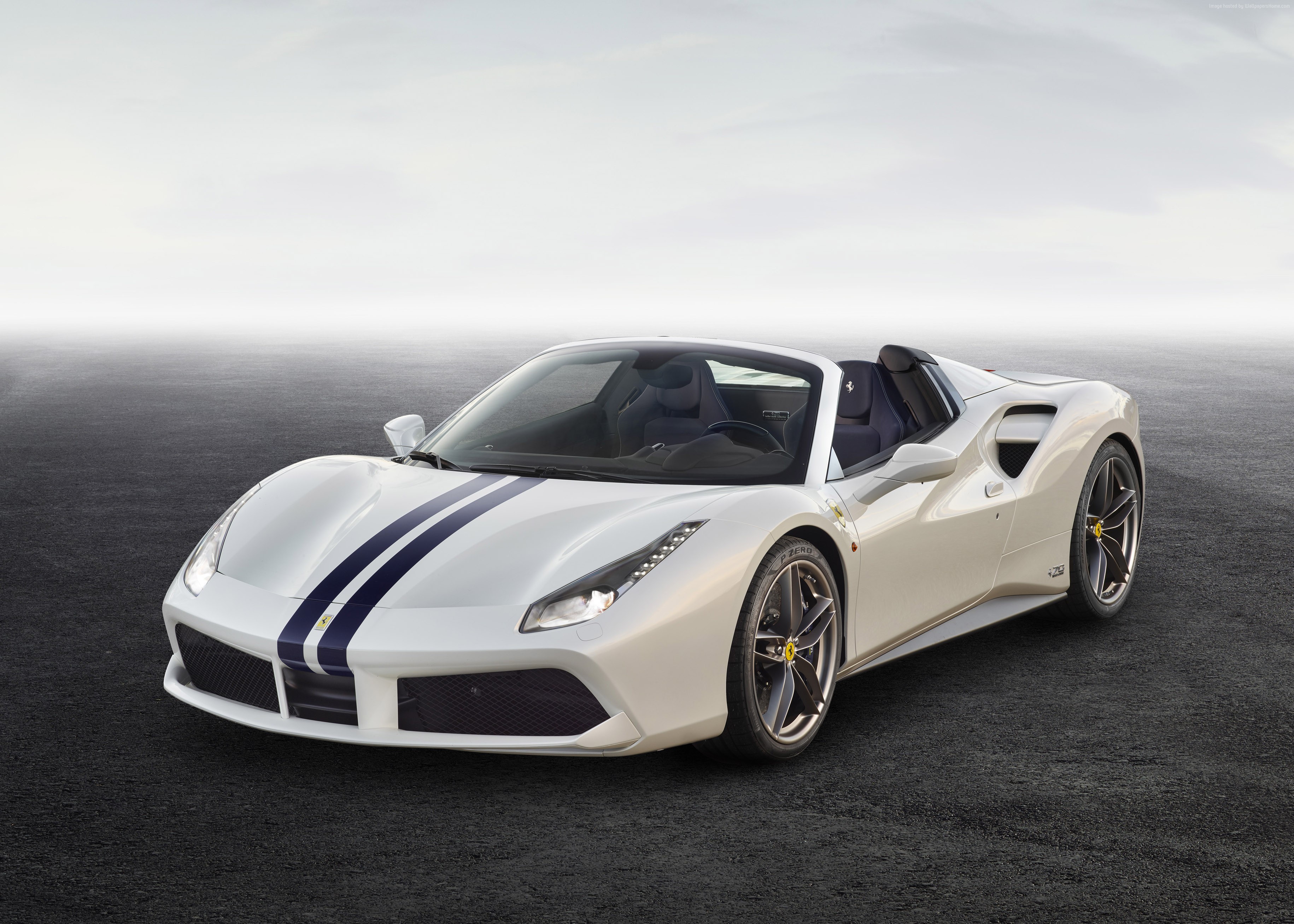 White Ferrari 488 Spider with Blue Stripes HD Wallpaper