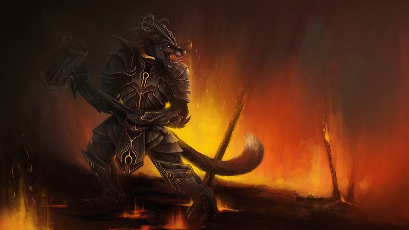 Anthro wolf warrior with hammer in fiery landscape HD Wallpaper