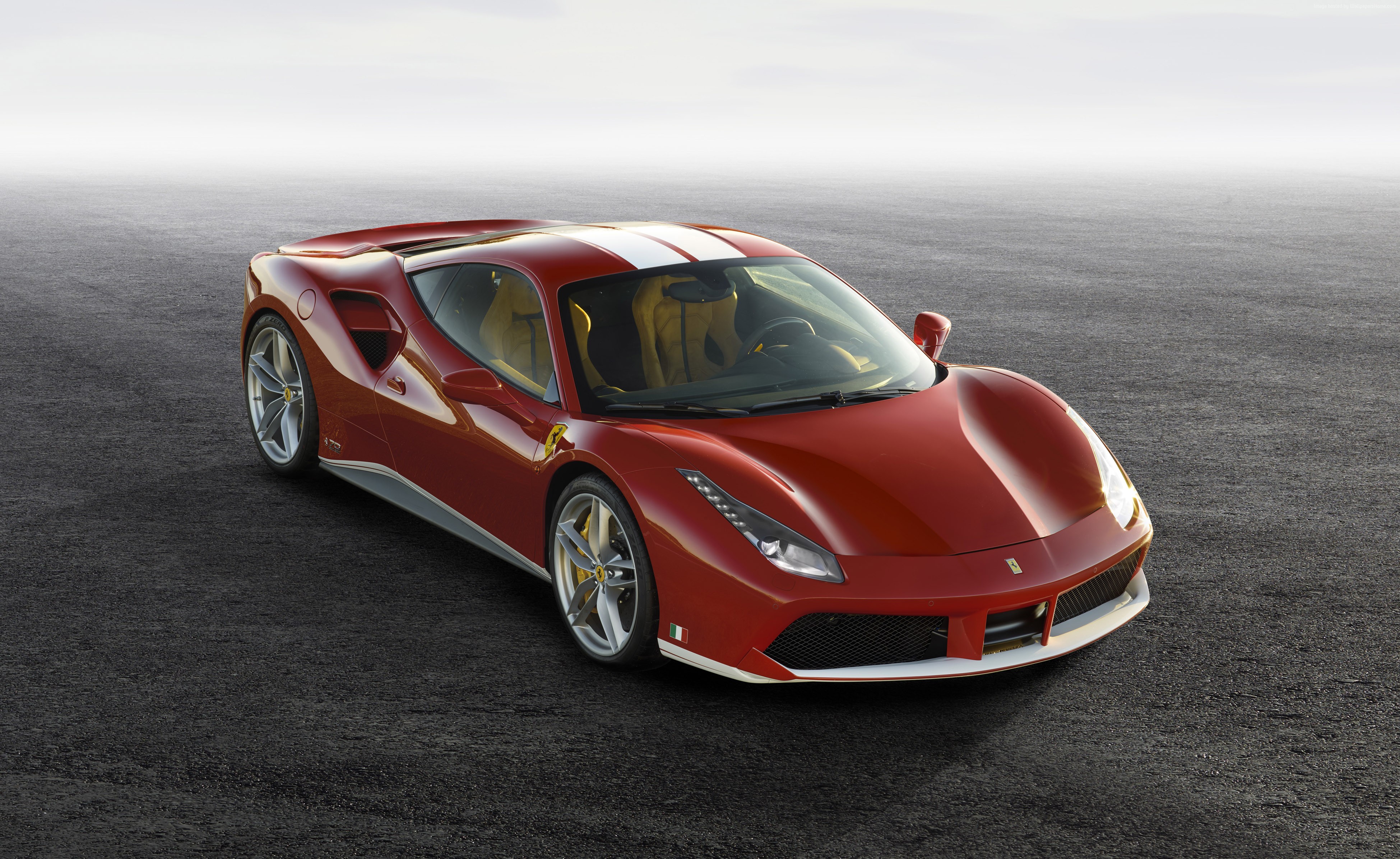 Red Ferrari 488 GTB with white stripes HD Wallpaper