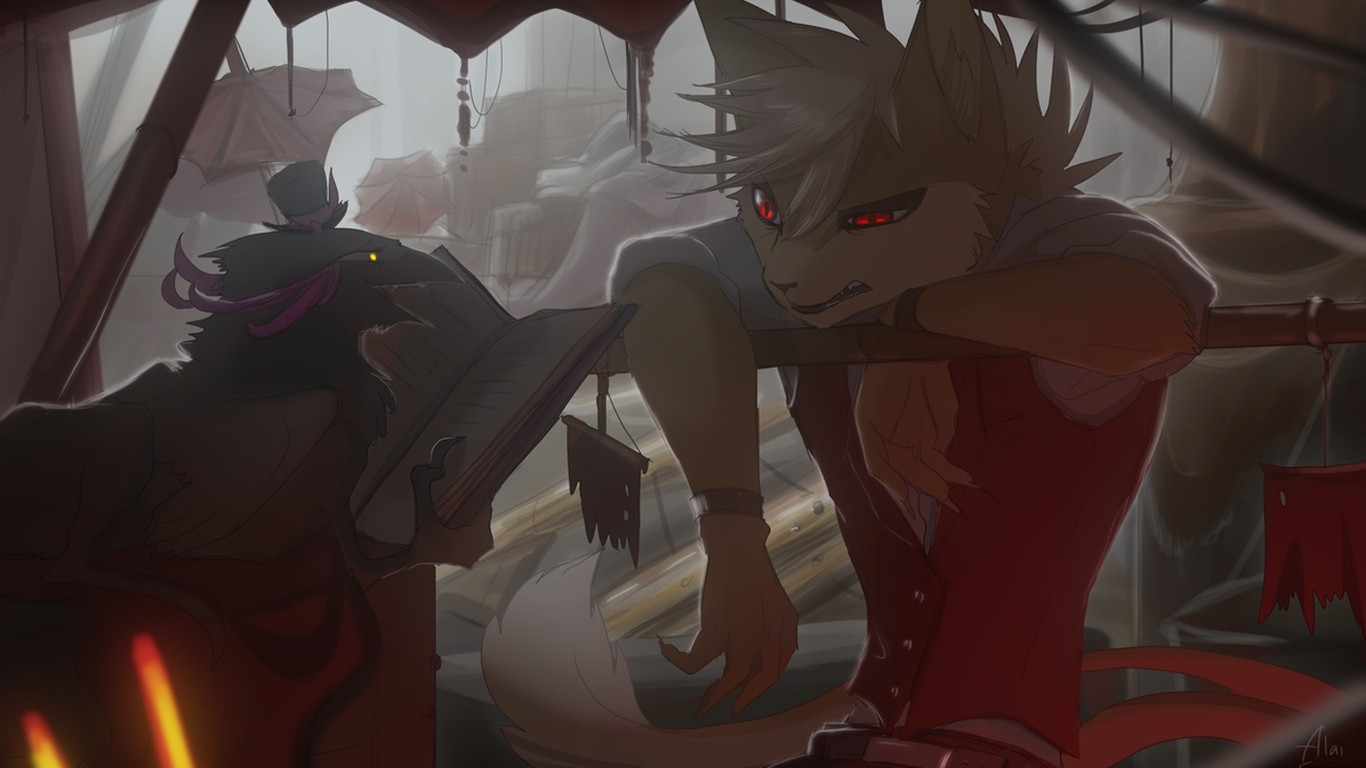 Two anthropomorphic characters in a dimly lit, possibly steampunk setting HD Wallpaper