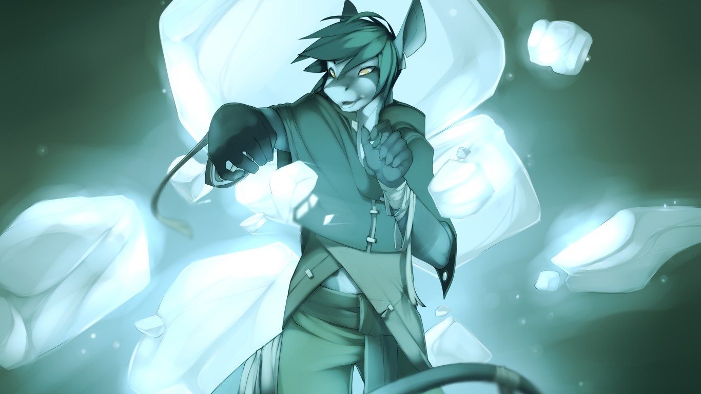 Furry character in martial arts pose with glowing orbs HD Wallpaper