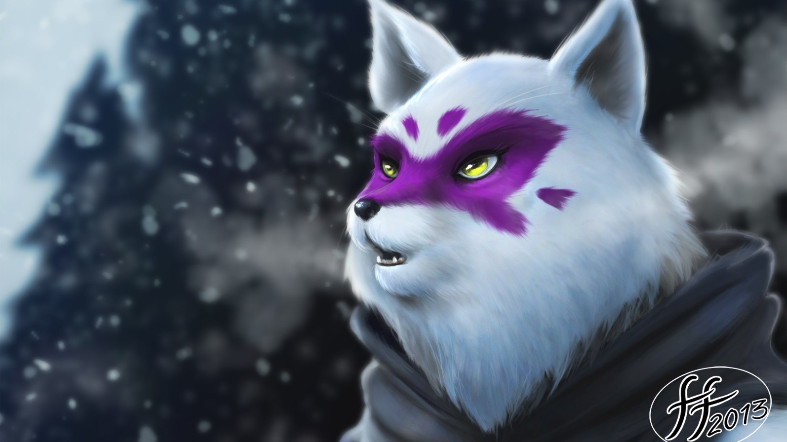 White fox with purple markings in snow HD Wallpaper