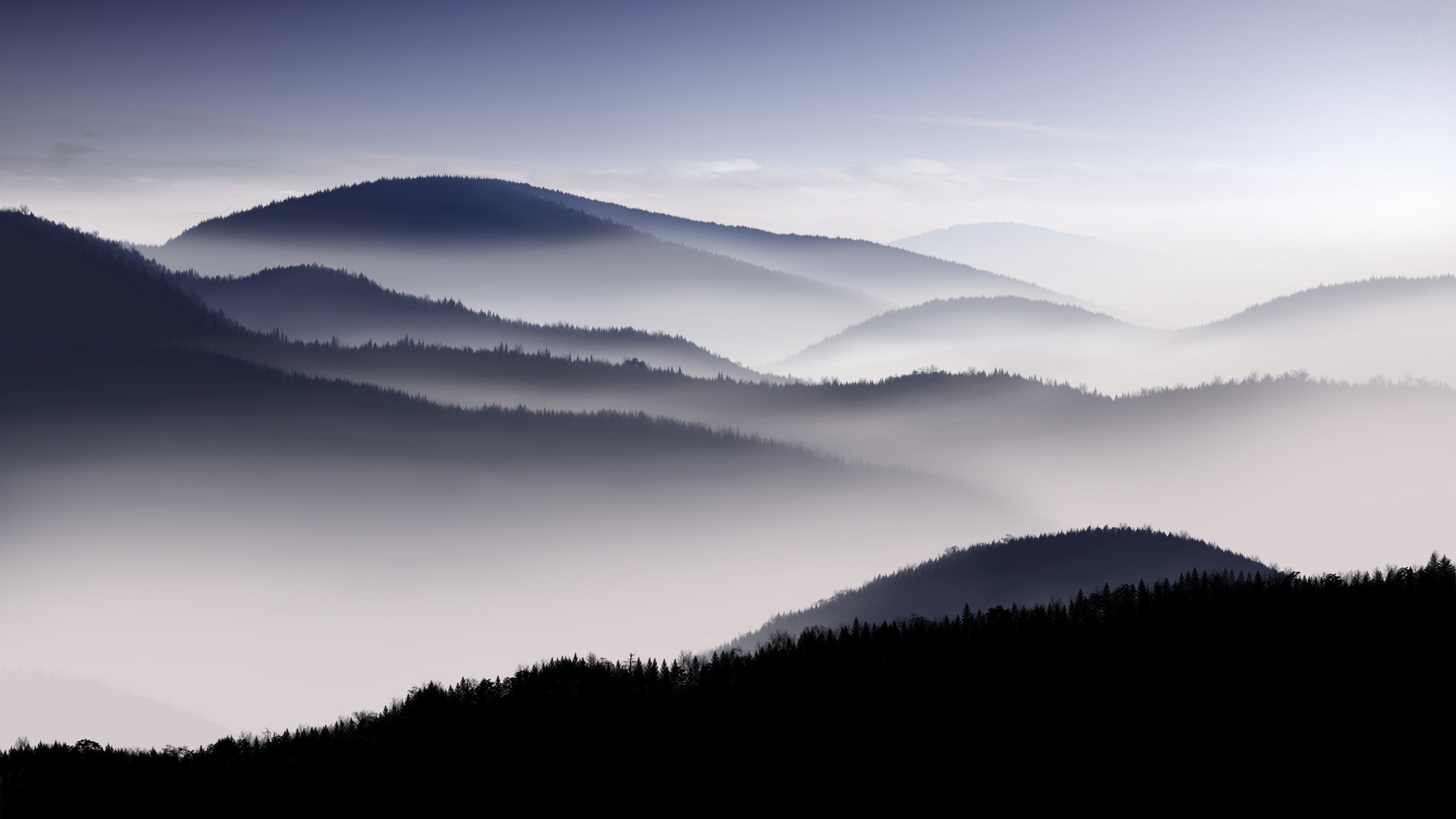 Misty mountains at dawn with layered fog HD Wallpaper