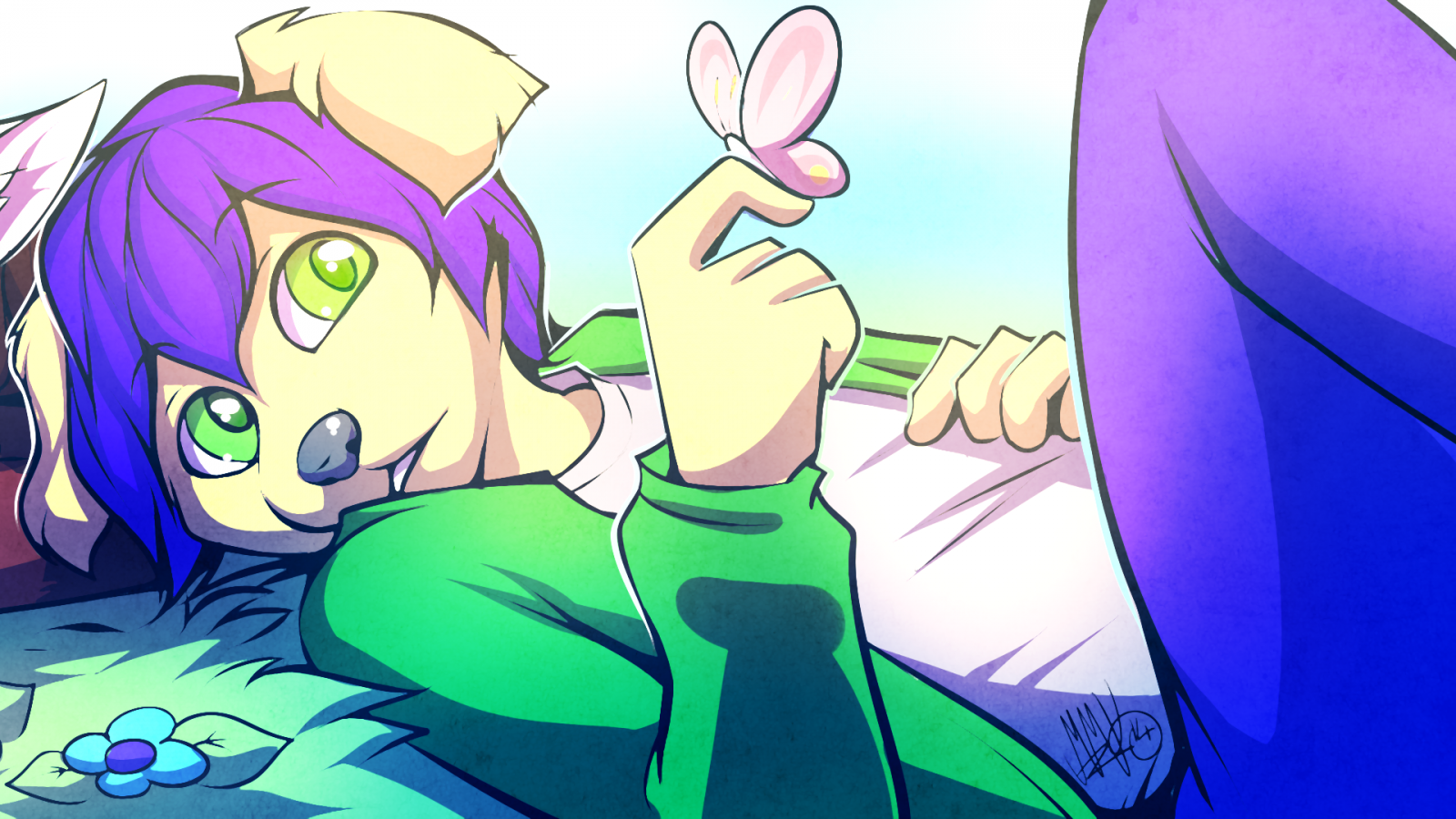 Furry character with purple hair and green eyes holding a butterfly HD Wallpaper