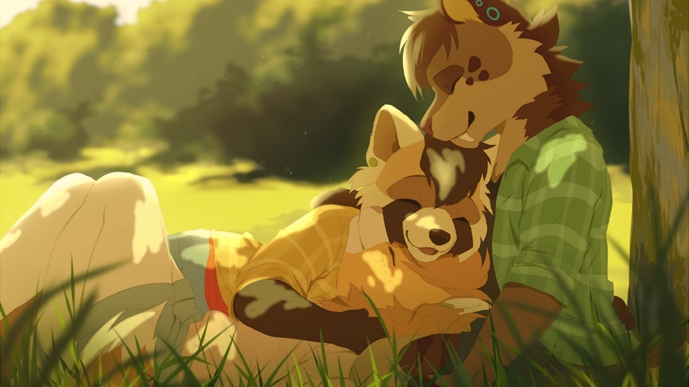 Two anthropomorphic animals cuddling in a grassy field HD Wallpaper