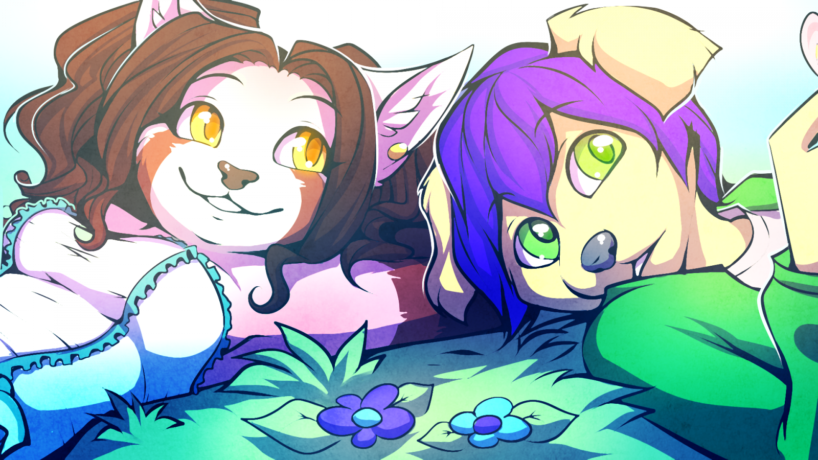 Two anthropomorphic characters in a grassy field HD Wallpaper