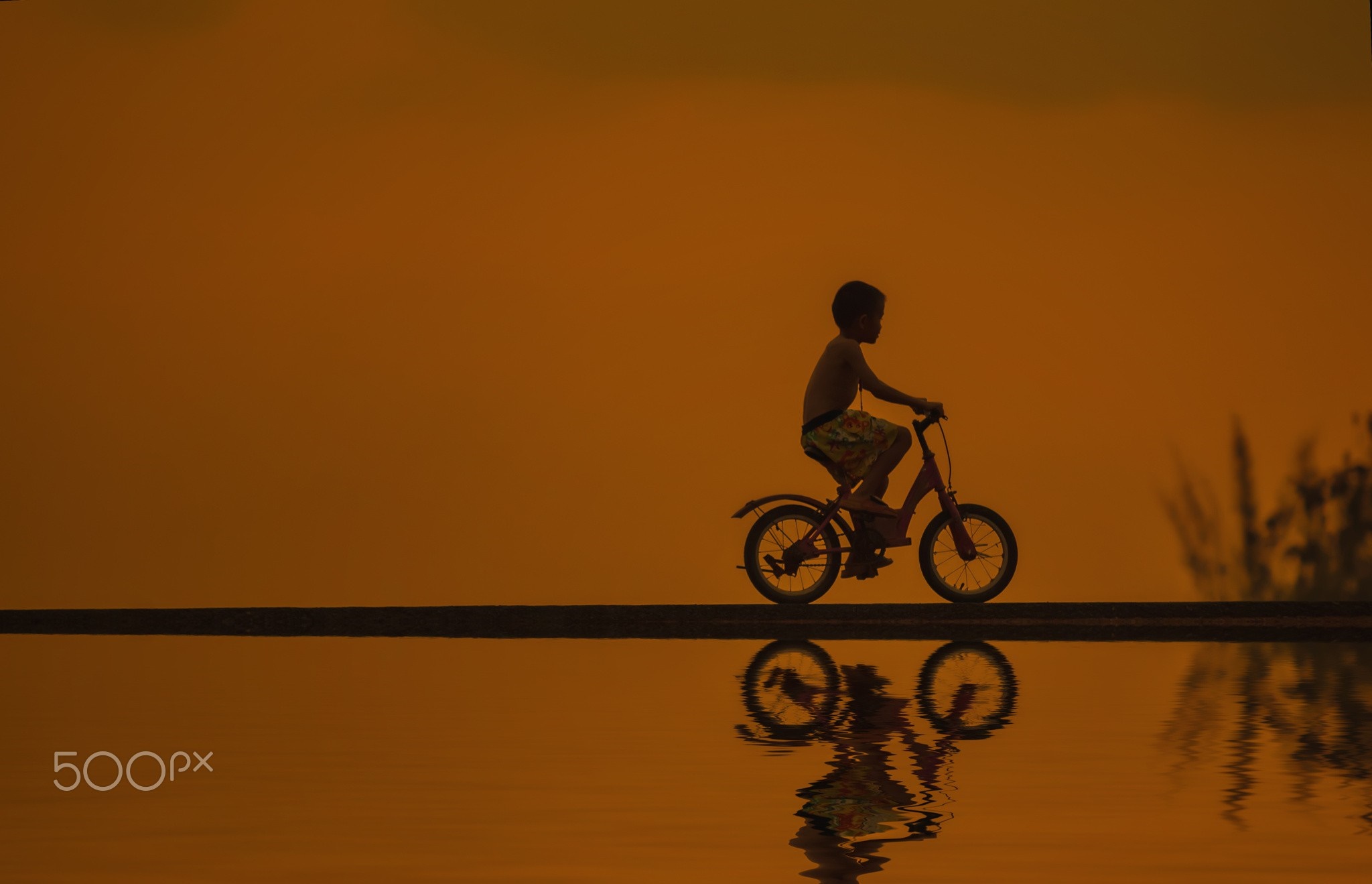 Silhouette of a boy riding a bicycle at sunset HD Wallpaper